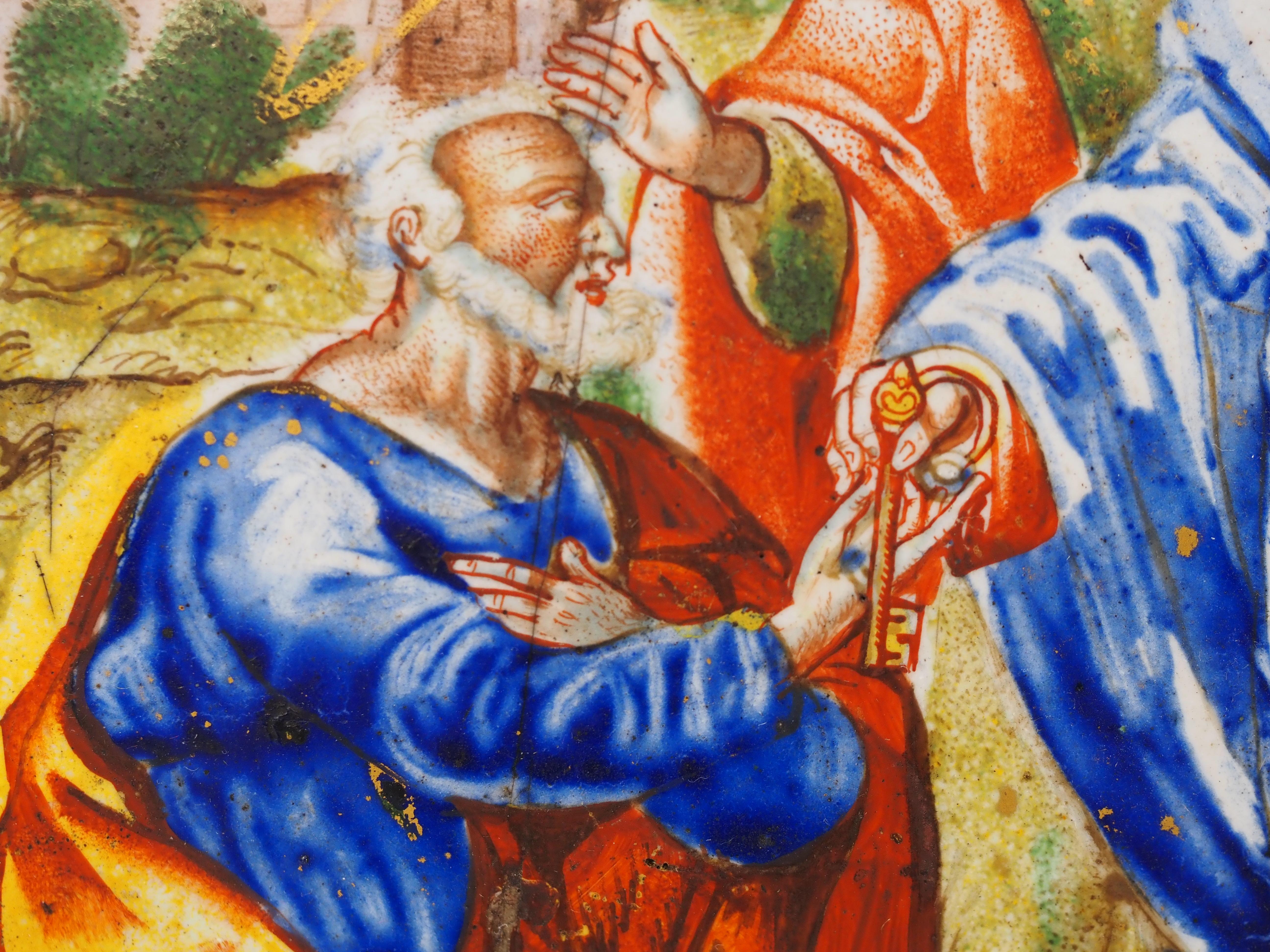 Plaque en émail représentant Saint Pierre recevant la clé du Christ, Allemagne, 17e siècle État moyen - En vente à Gorssel, GE