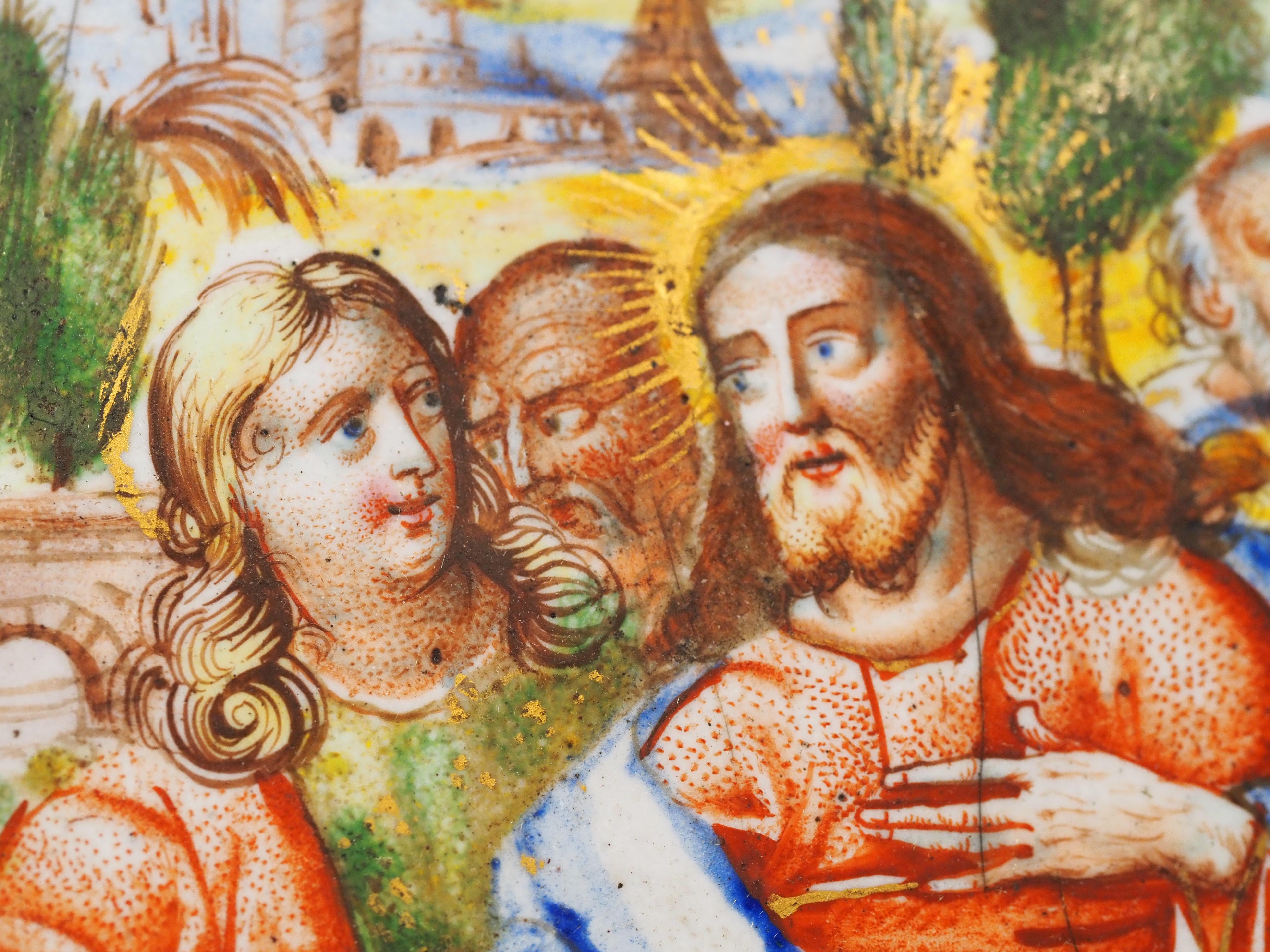 Cuivre Plaque en émail représentant Saint Pierre recevant la clé du Christ, Allemagne, 17e siècle en vente