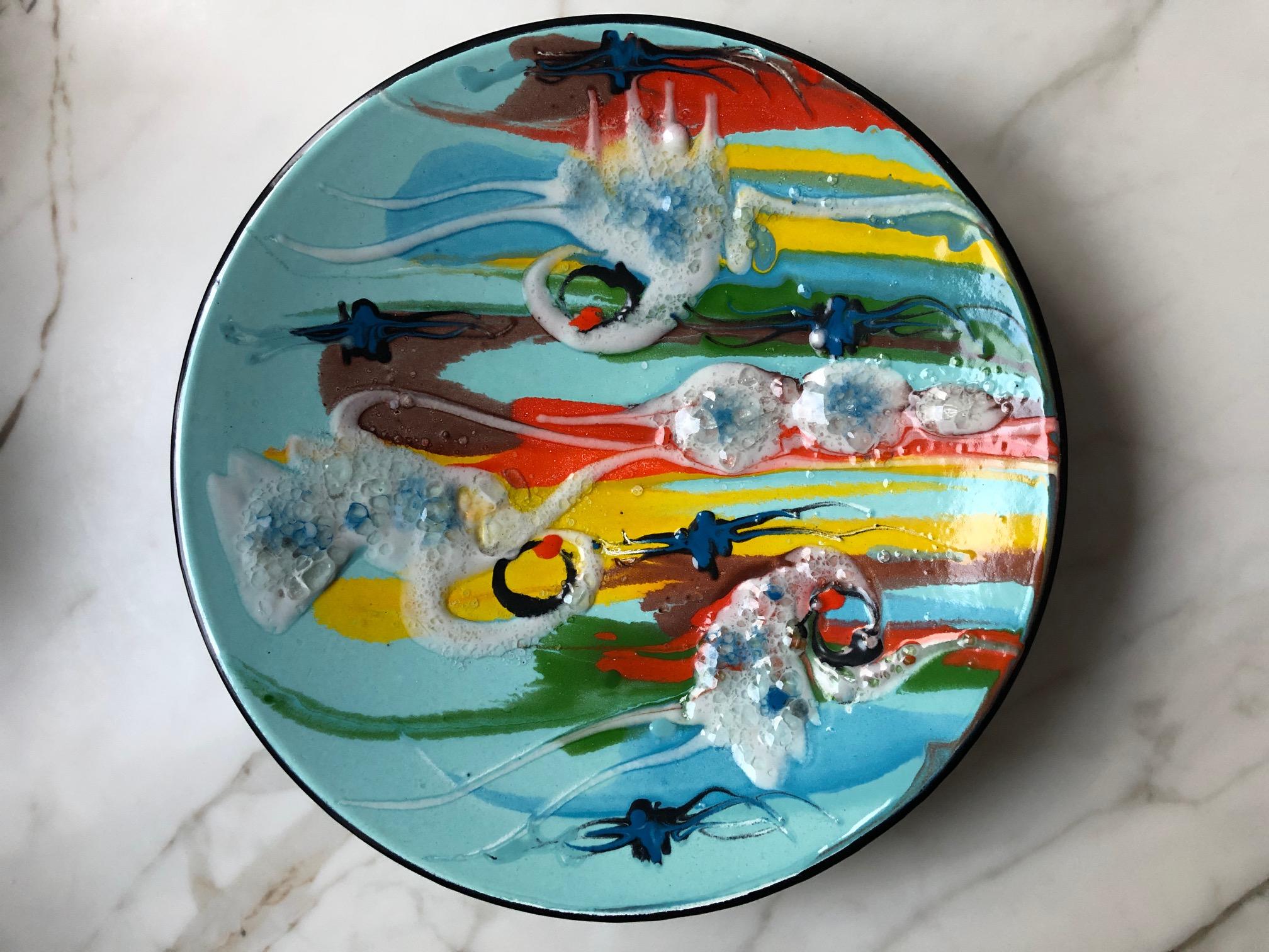 Very rare enamel plate from enamelware factory in Olkusz, Poland, design and produced in the 60s.
The metal surface is covered with enamel emulsion in layers - each subsequent enamel, of a different color, must be baked separately, at a temperature