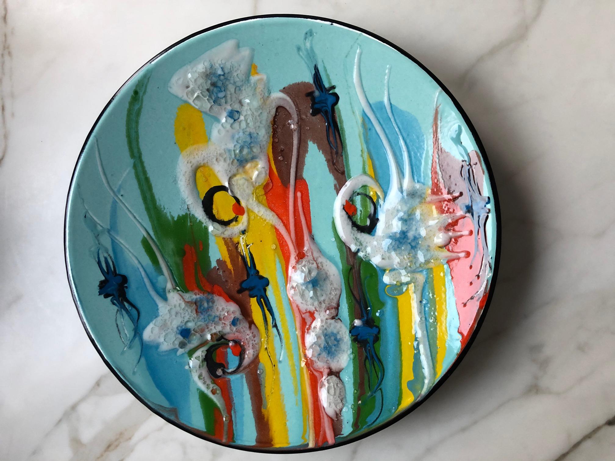 Mid-Century Modern Enamel Plate with an Abstract Pattern in Vivid Colors, Europe, 1960s For Sale