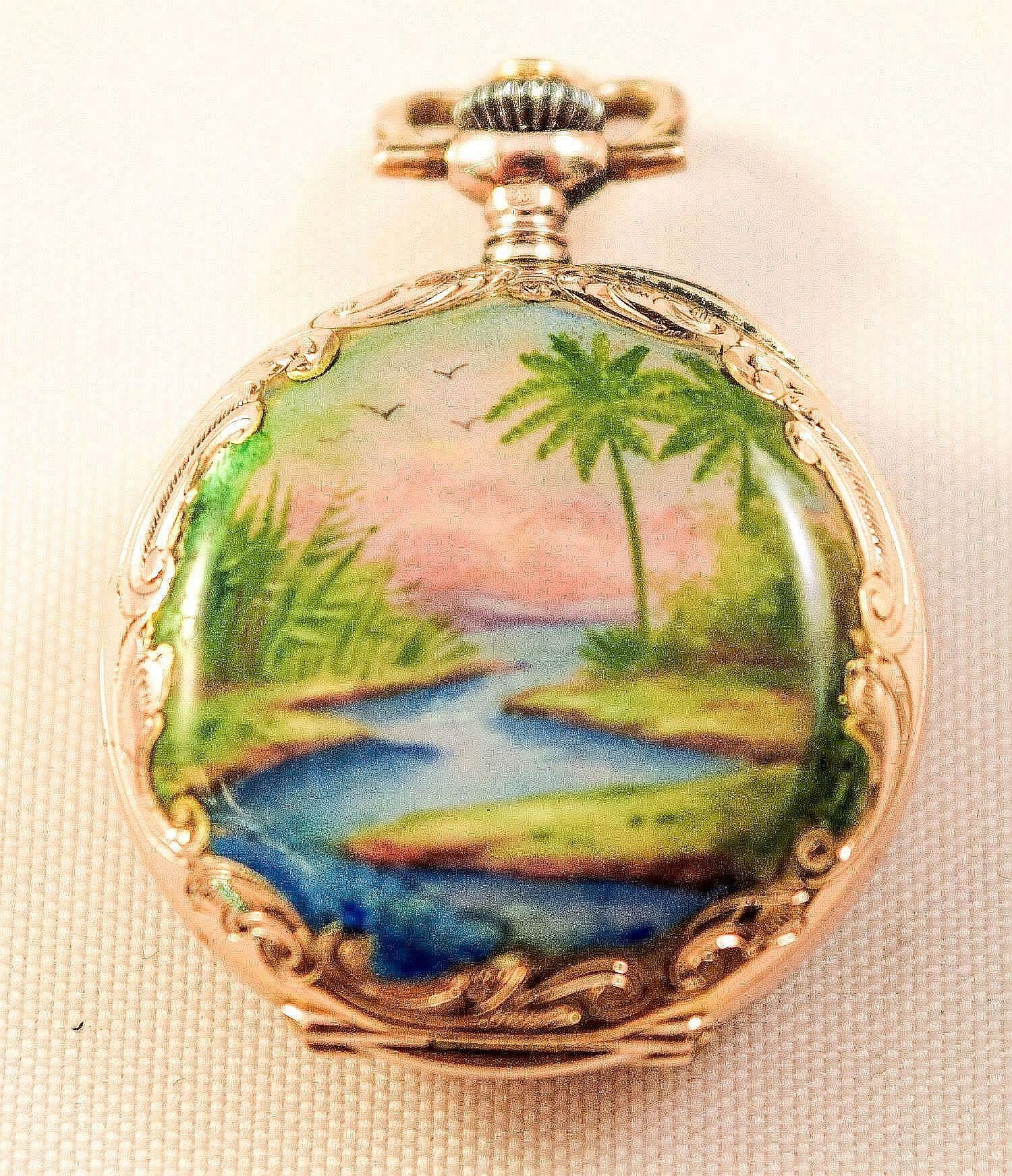 Enamel Pocket Watch Hunter case tropical landscapes and Heron amazing condition 6
