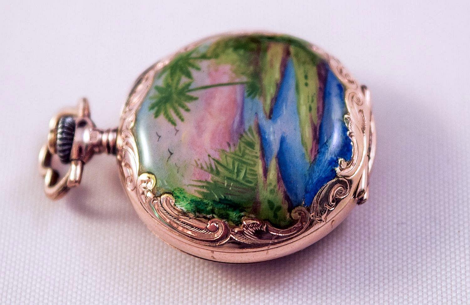 Enamel Pocket Watch Hunter case tropical landscapes and Heron amazing condition 9