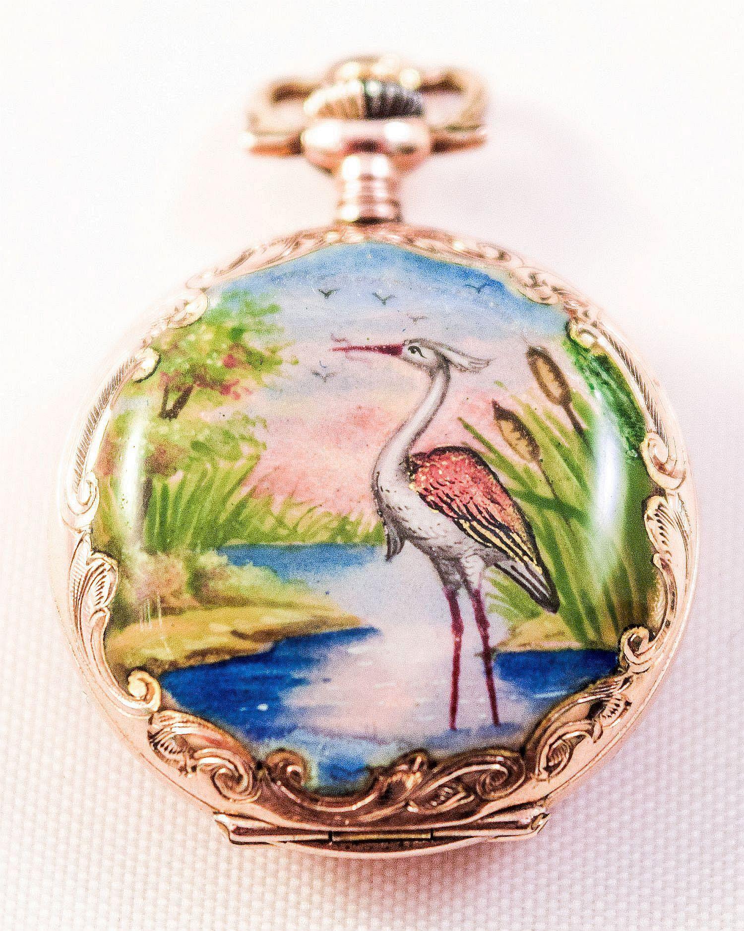 Enamel Pocket Watch Hunter case tropical landscapes and Heron amazing condition 13
