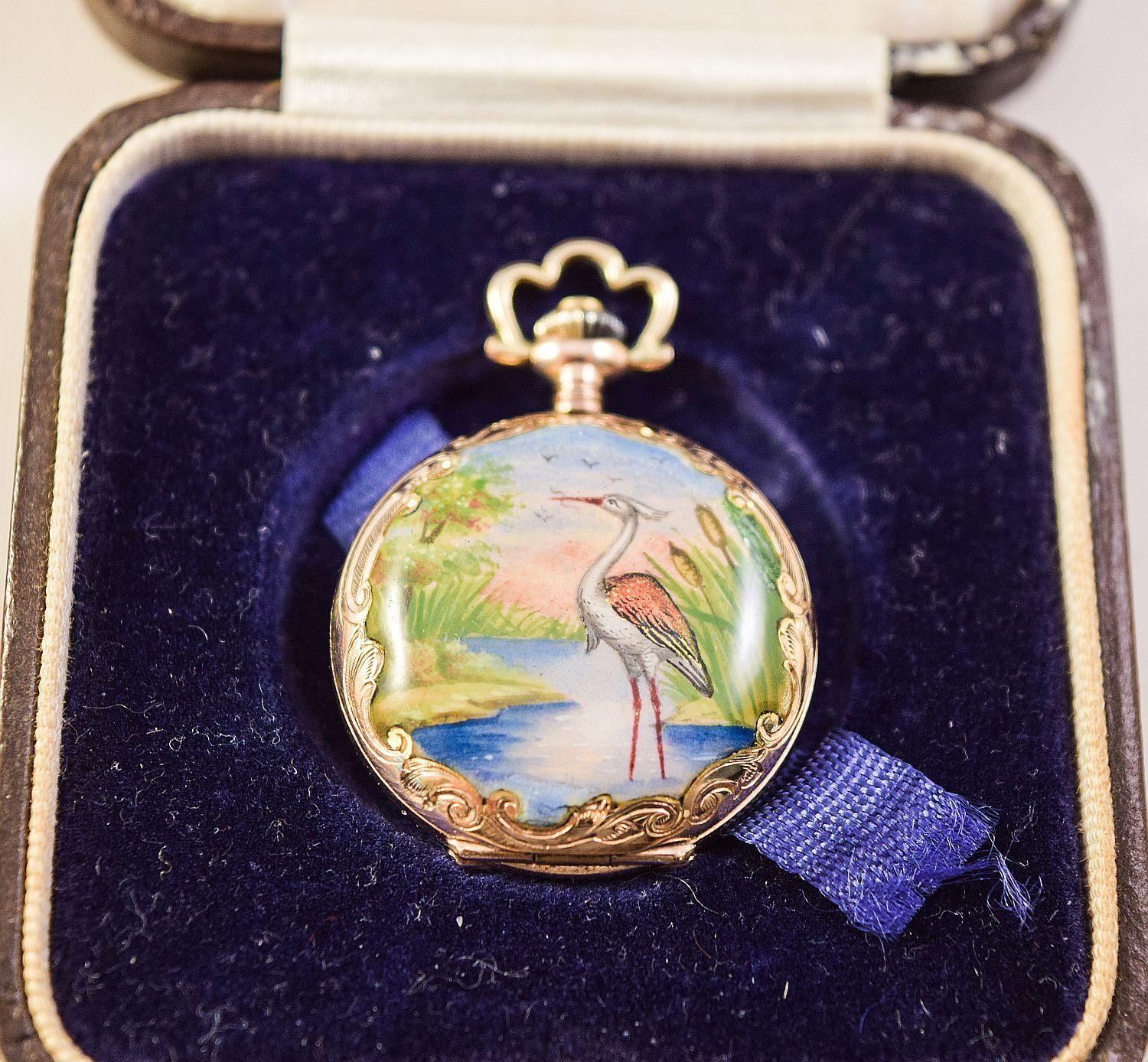 Enamel Pocket Watch Hunter case tropical landscapes and Heron amazing condition 15