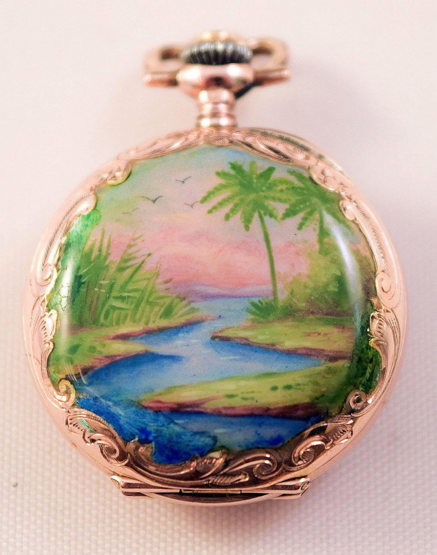 Enamel Pocket Watch Hunter case tropical landscapes and Heron amazing condition In Good Condition In London, GB