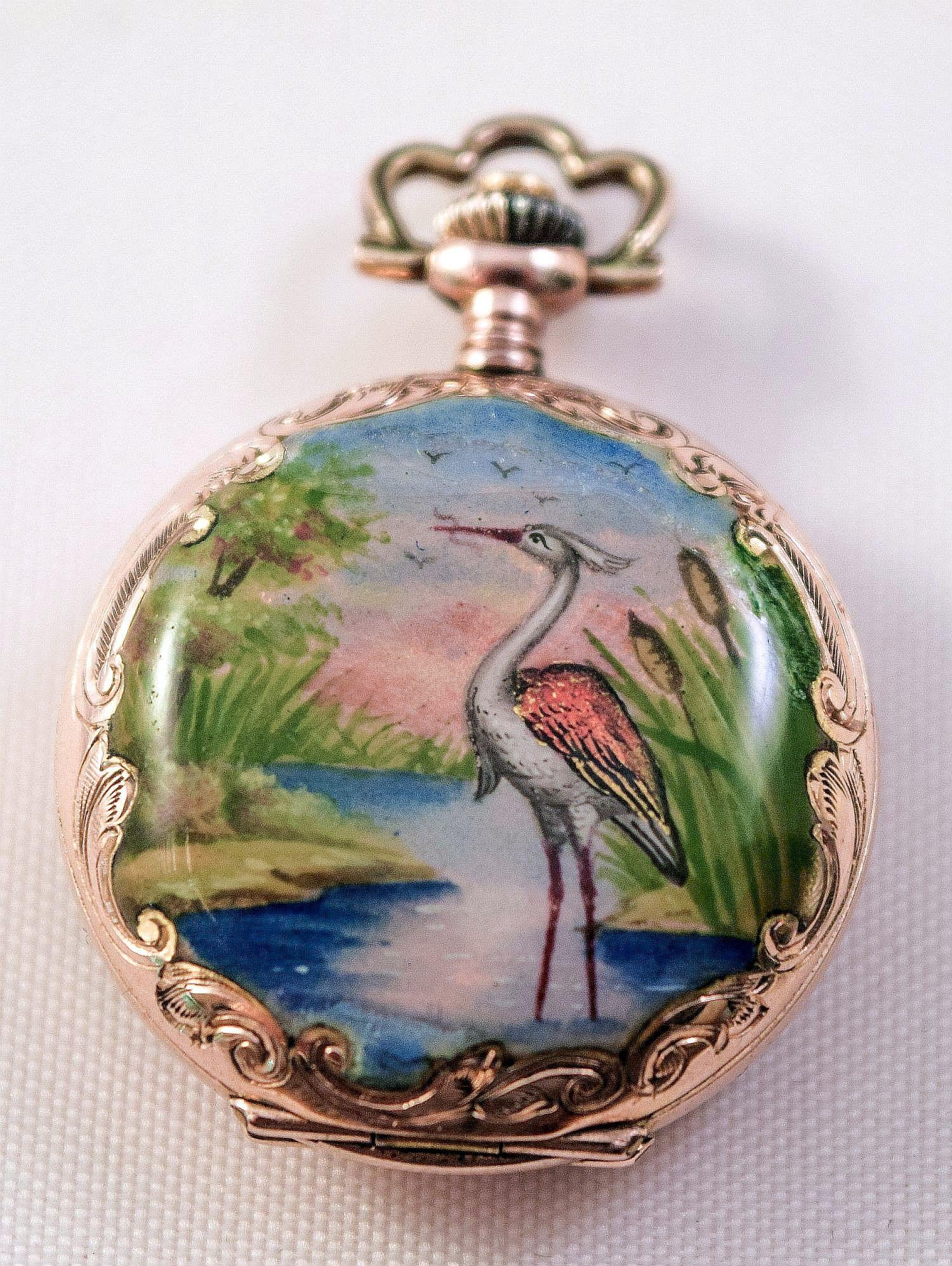 Women's or Men's Enamel Pocket Watch Hunter case tropical landscapes and Heron amazing condition