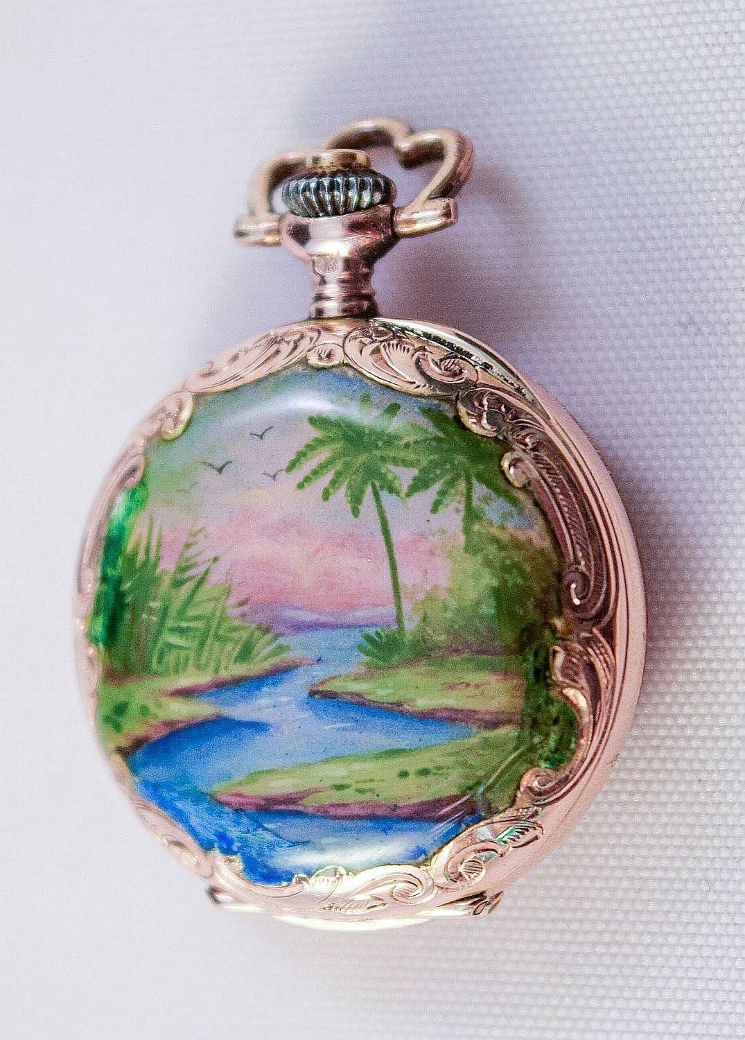 Enamel Pocket Watch Hunter case tropical landscapes and Heron amazing condition 1