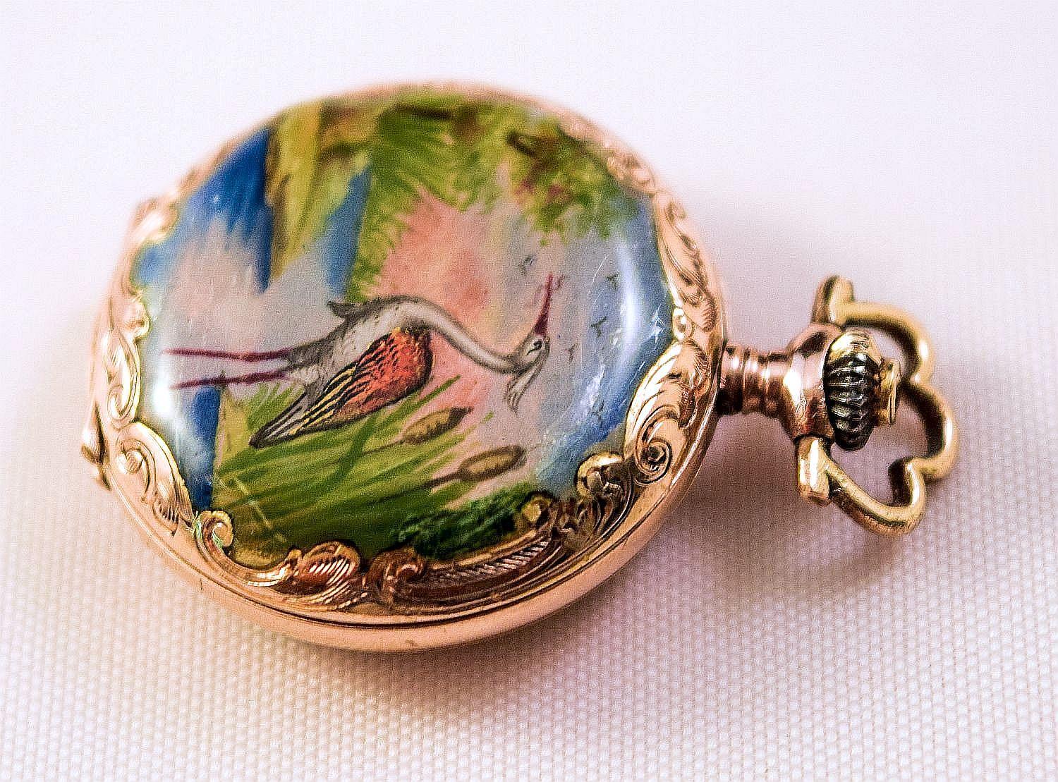 Enamel Pocket Watch Hunter case tropical landscapes and Heron amazing condition 2