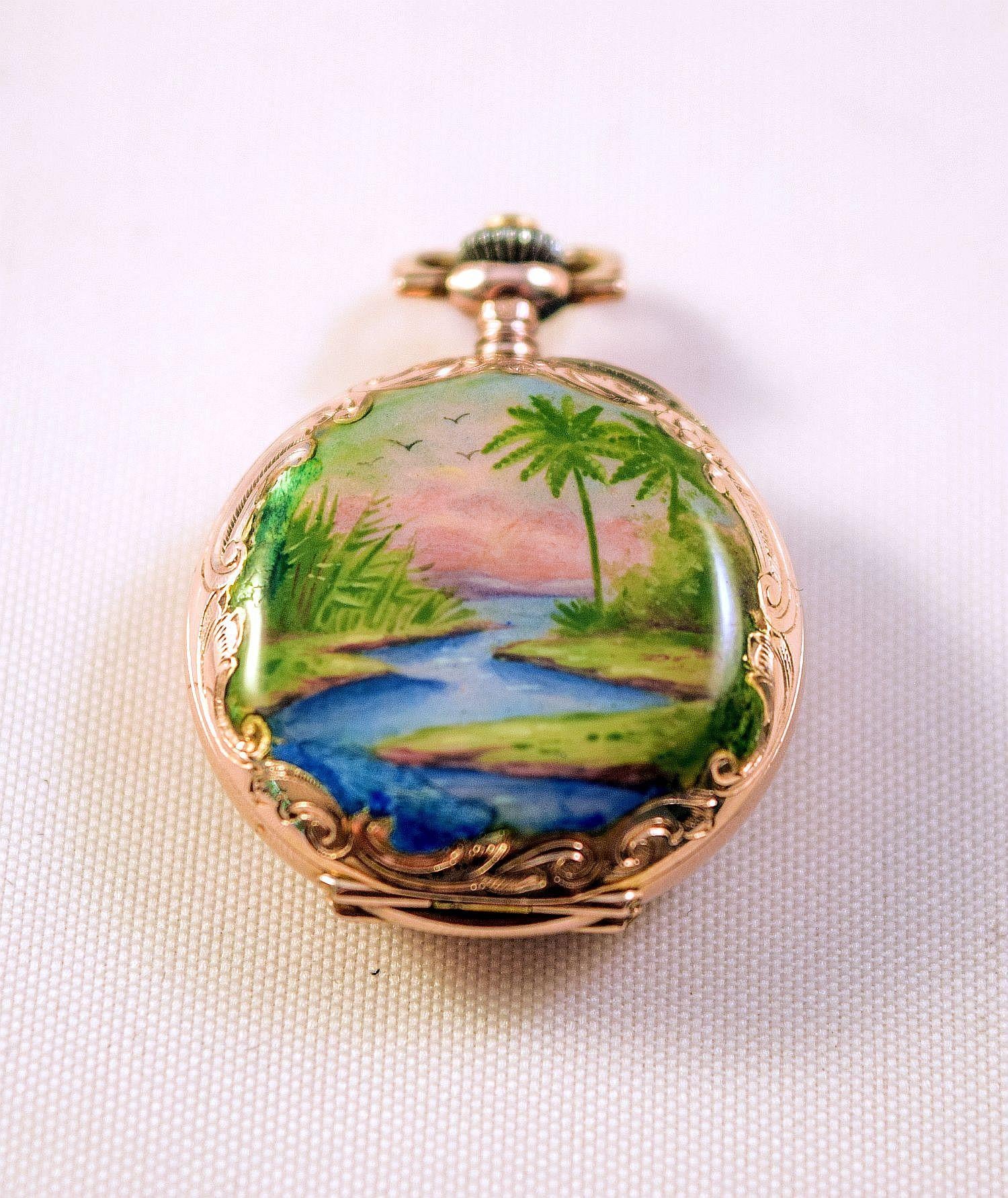 Enamel Pocket Watch Hunter case tropical landscapes and Heron amazing condition 3