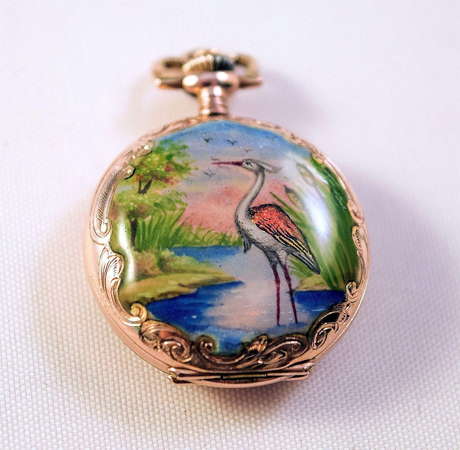 Enamel Pocket Watch Hunter case tropical landscapes and Heron amazing condition 4