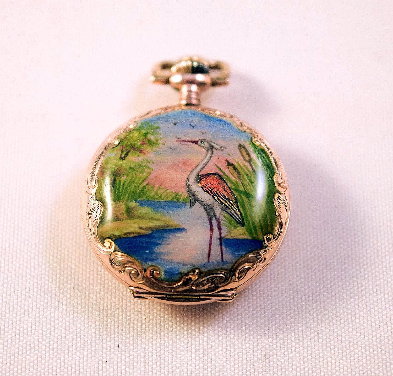 Enamel Pocket Watch Hunter case tropical landscapes and Heron amazing condition 5