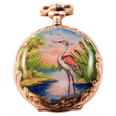 Enamel Pocket Watch Hunter case tropical landscapes and Heron amazing condition