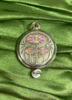 Enamel Poppy Flower Locket Pendant Necklace Art Nouveau Jugendstil Silver 1900