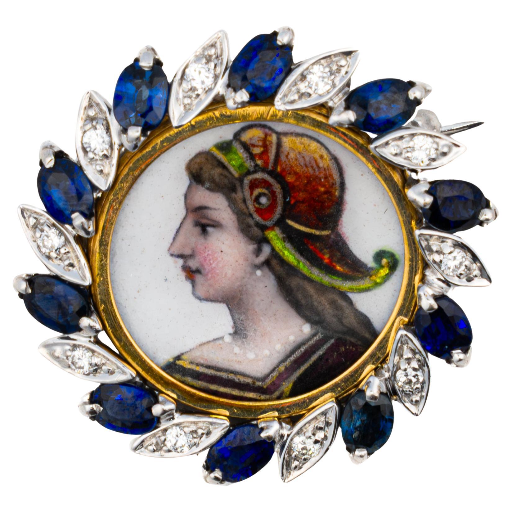 Broche Retrato Esmaltado con Zafiros y Diamante
