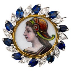 Porträtbrosche aus Emaille mit Saphiren und Diamanten