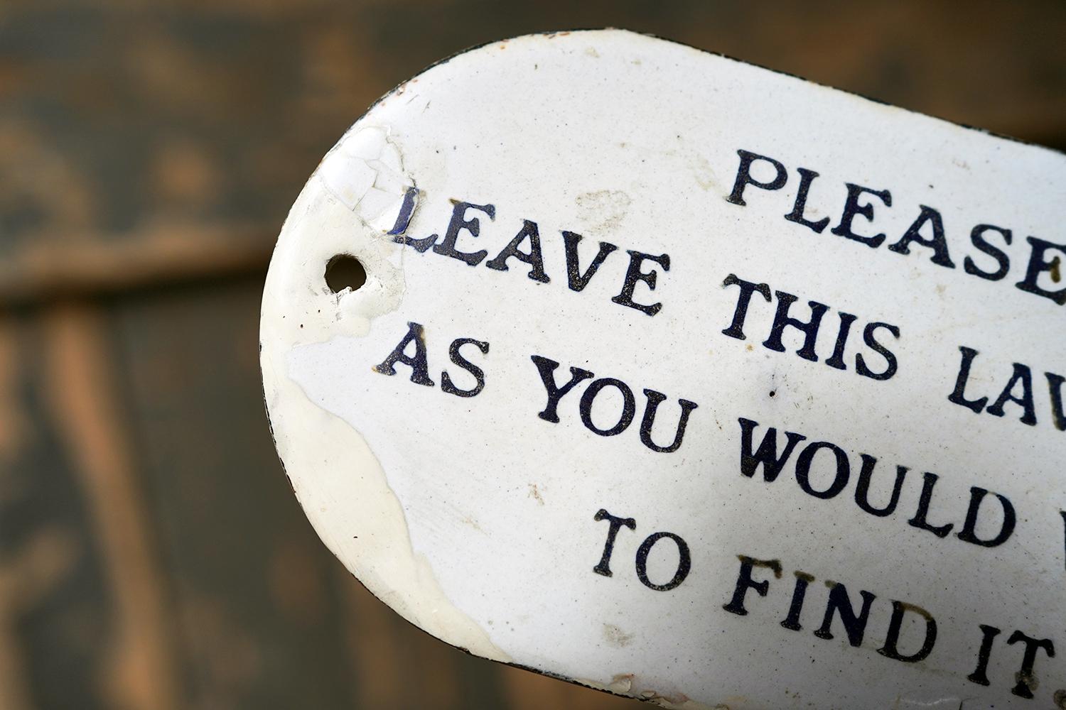 Hand-Painted Enamel Railway Sign, Please Leave This Lavatory As You Would Wish to Find It