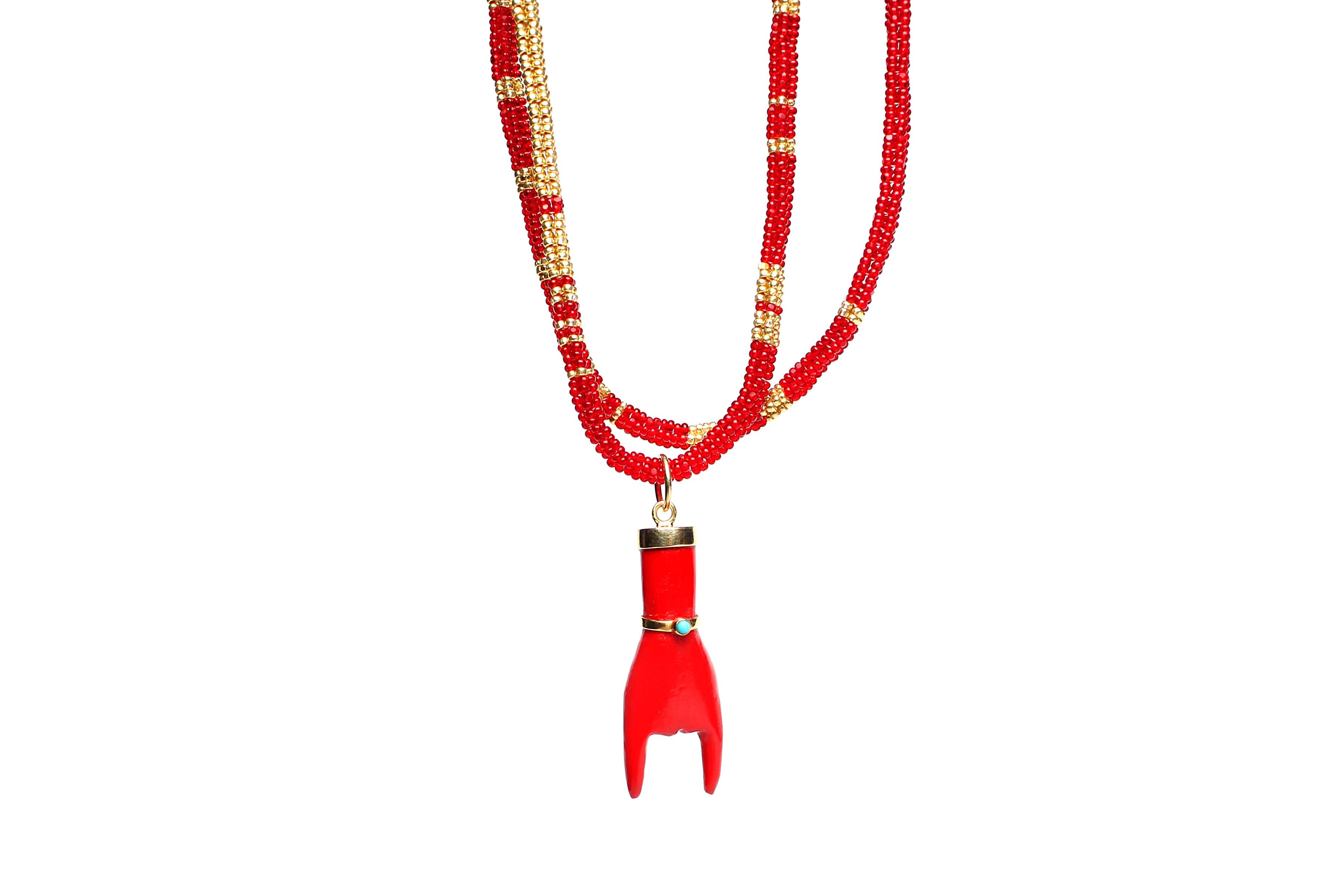 Contemporaneo Collana di perline in smalto rosso turchese Figo Mano su oro rosso 