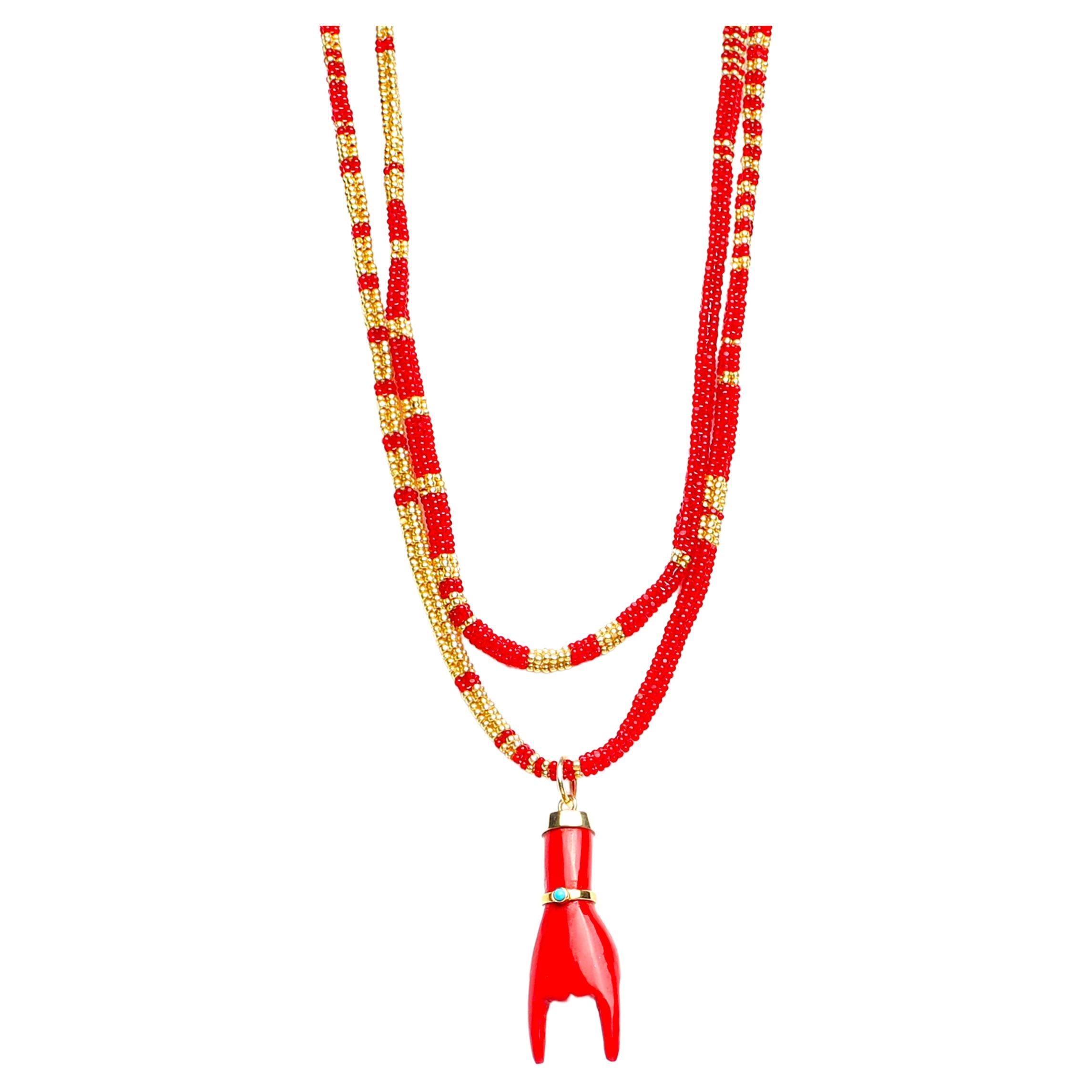 Enamel Red Turquoise Figo Mano on Red Gold "ALONSO" Morse Beaded Necklace For Sale