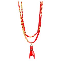 Enamel Red Turquoise Figo Mano on Red Gold "ALONSO" Morse Beaded Necklace
