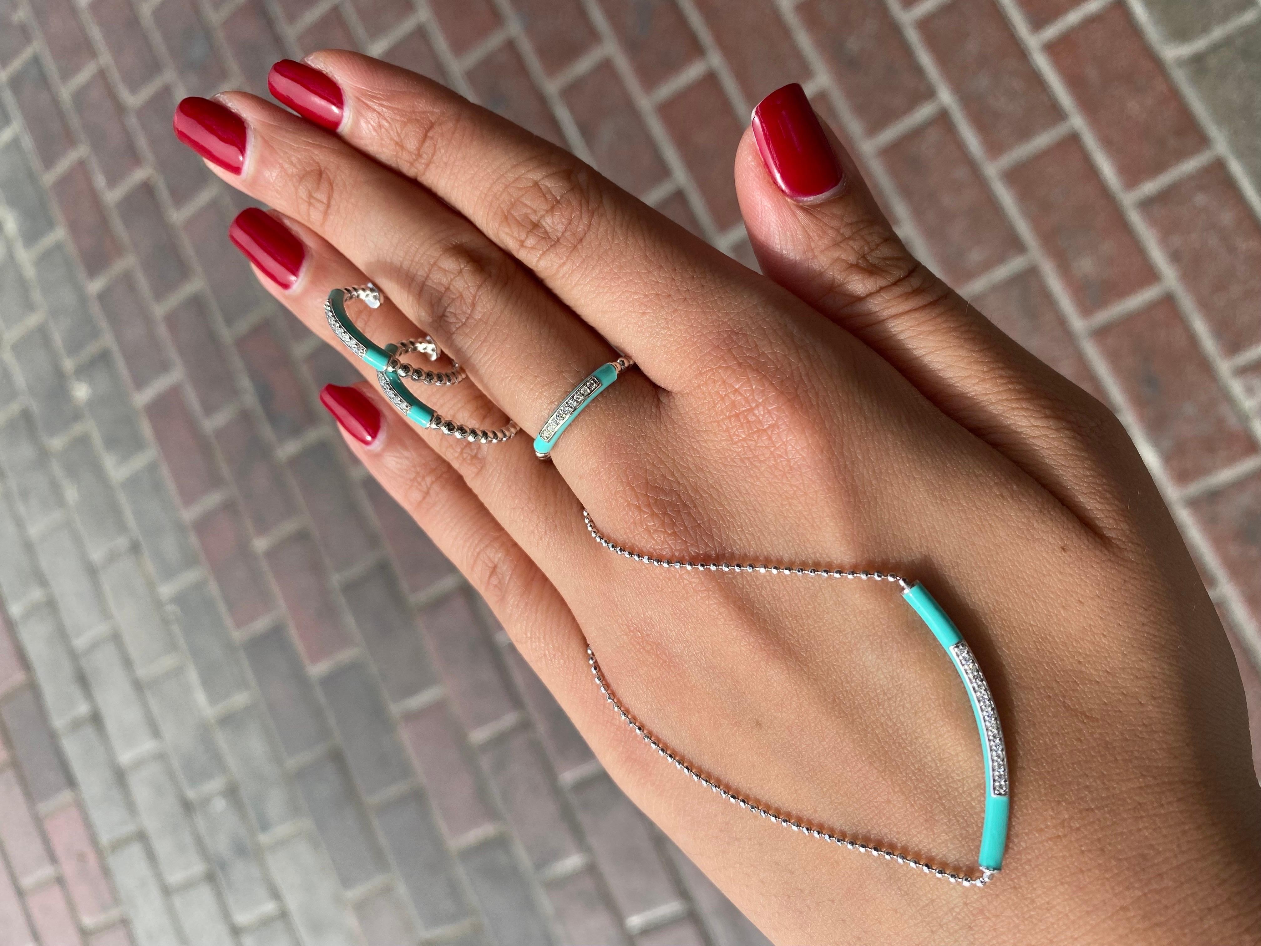 An everyday Turquoise enamel earring, ring and pendant set with F color VS quality Diamonds in 18K White Gold. The set comes in many different colors, including black enamel and rose gold / Tiffany blue and white gold. 
Items can be sold separately.