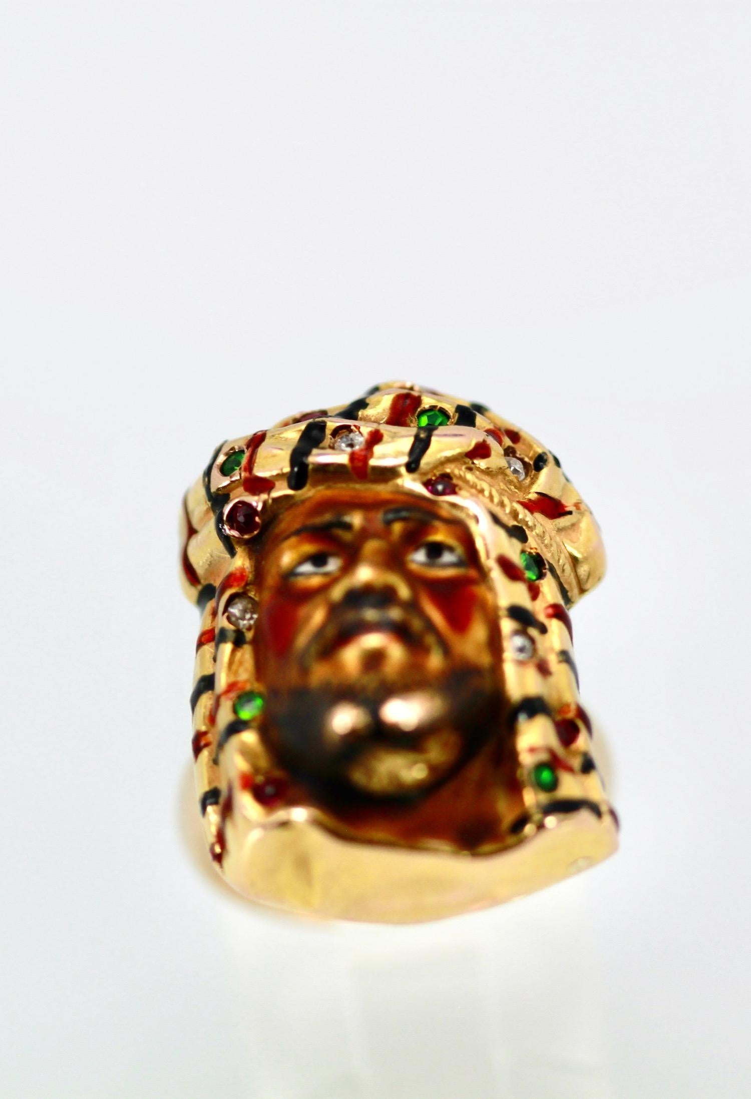 Enamel Ring with Face of Moor, Arabian or Egyptian Man 14K For Sale 1
