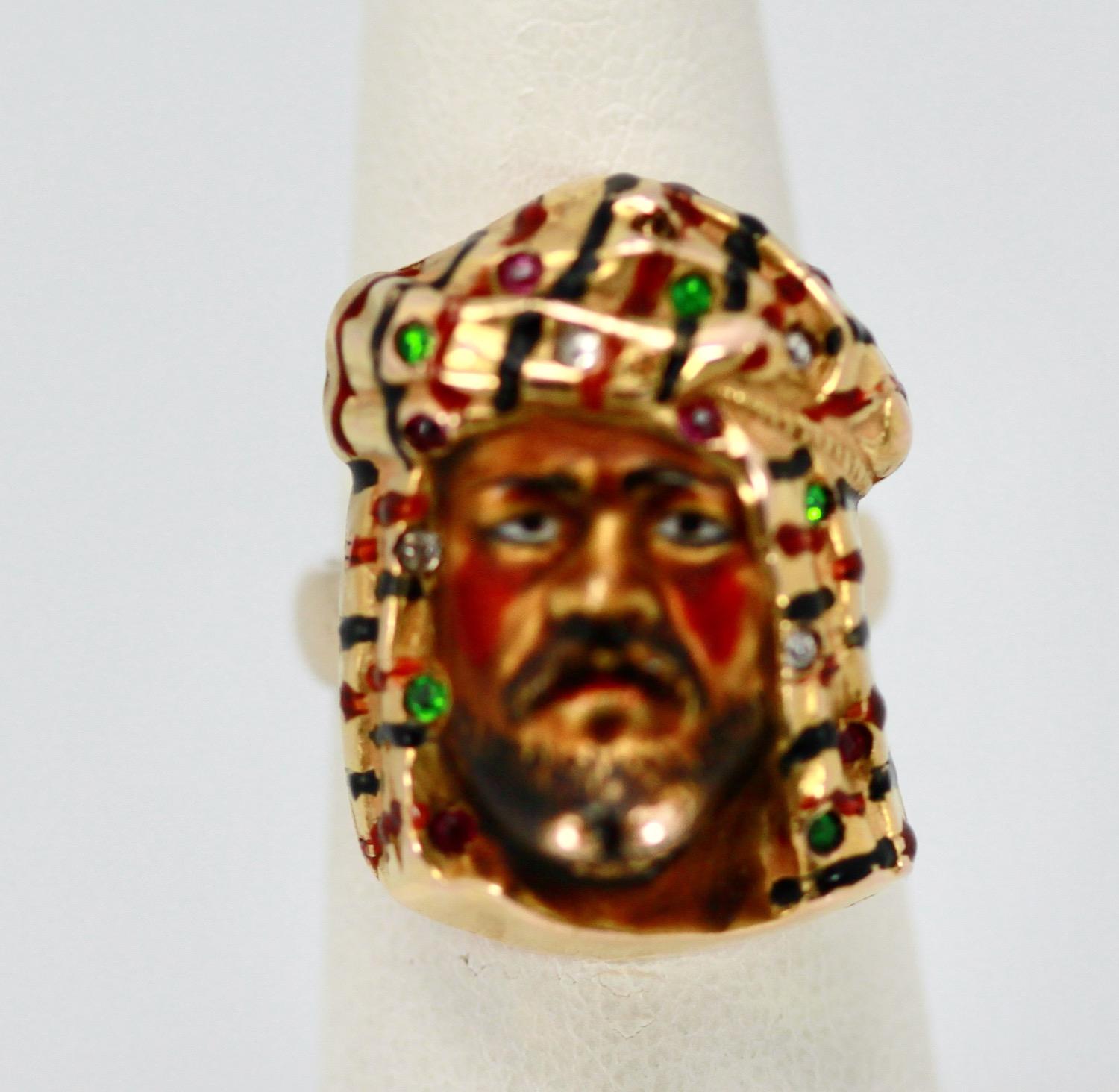 Enamel Ring with Face of Moor, Arabian or Egyptian Man 14K For Sale 3