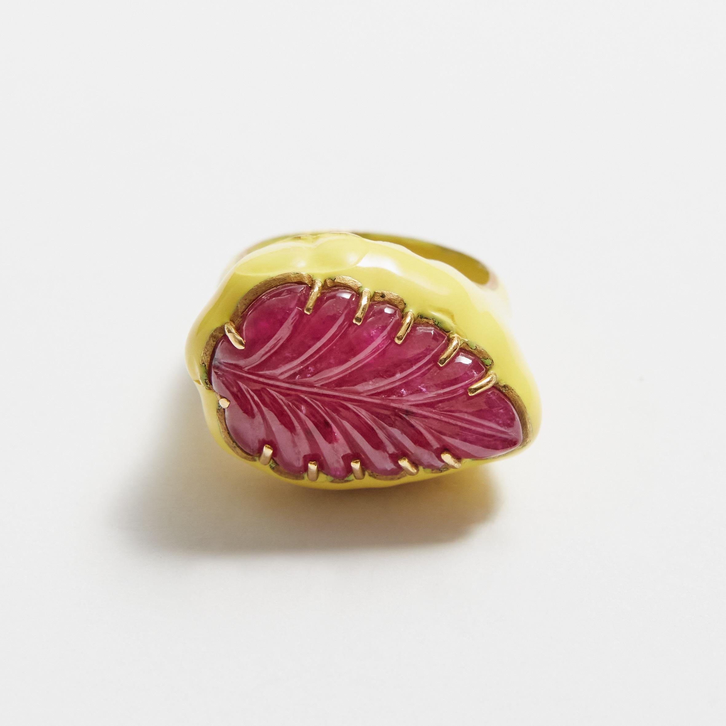 Unique pieces made by hand with the. antique enamel technic, magnificent carved ruby leaf shape. 18 k gold gr 18 6 ctts ruby.
All Giulia Colussi jewelry is new and has never been previously owned or worn. Each item will arrive at your door
