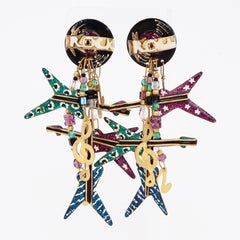 Enamel "Rock & Roll" Dangle Statement Earrings By Lunch At The Ritz, 1980s