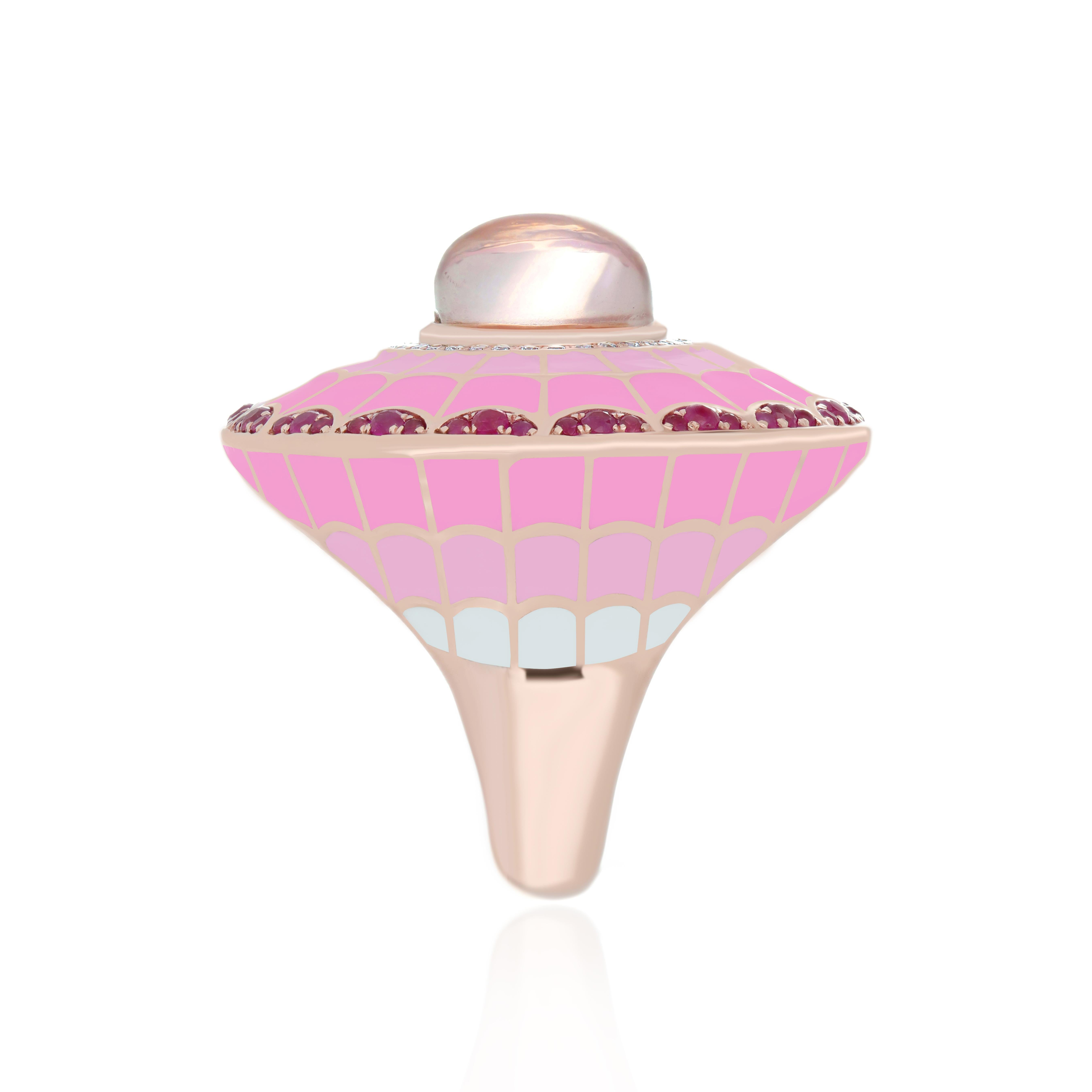 For Sale:  Enamel, Rose Quartz, Ruby and Diamond Studded Ring in Rose Gold 2
