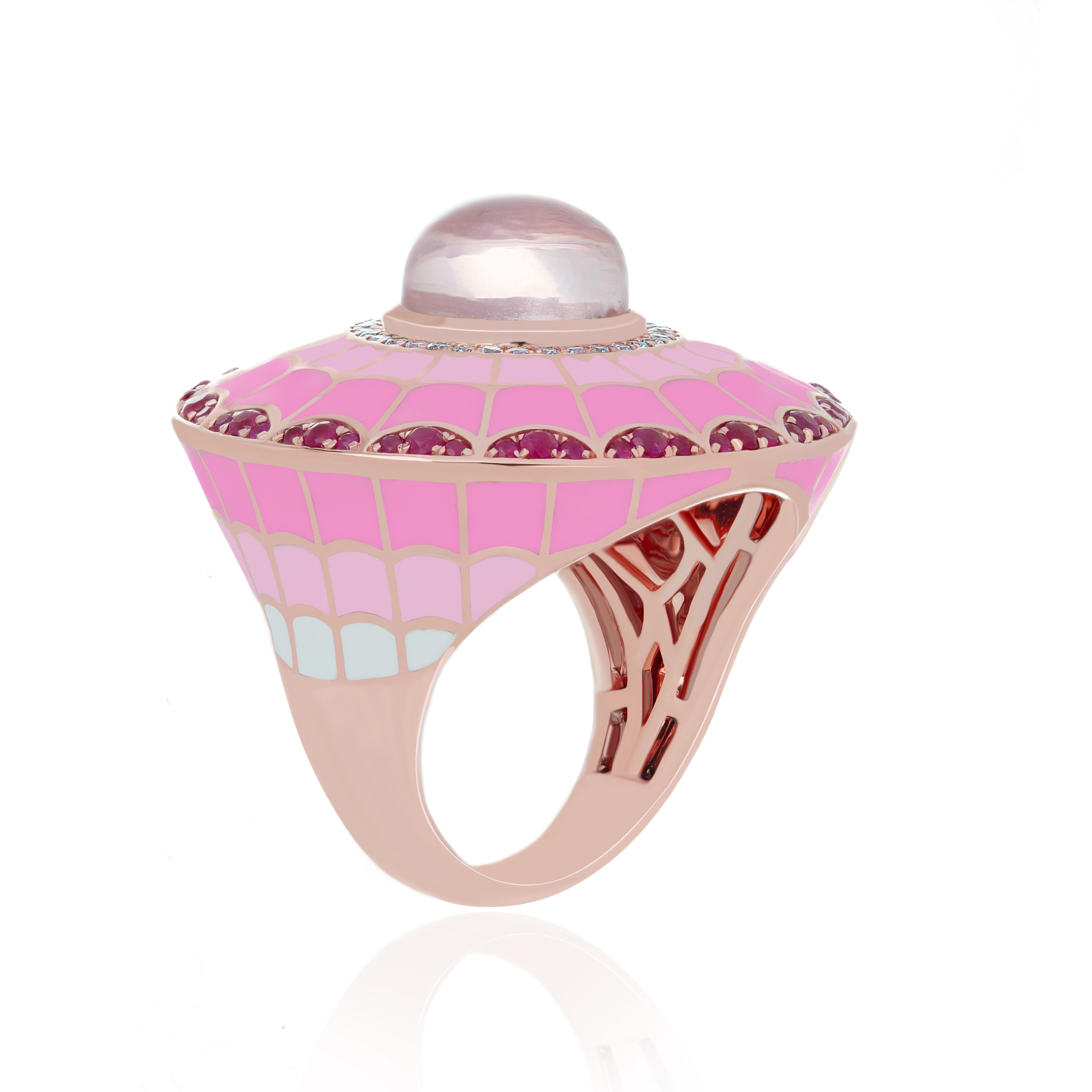 For Sale:  Enamel, Rose Quartz, Ruby and Diamond Studded Ring in Rose Gold 3