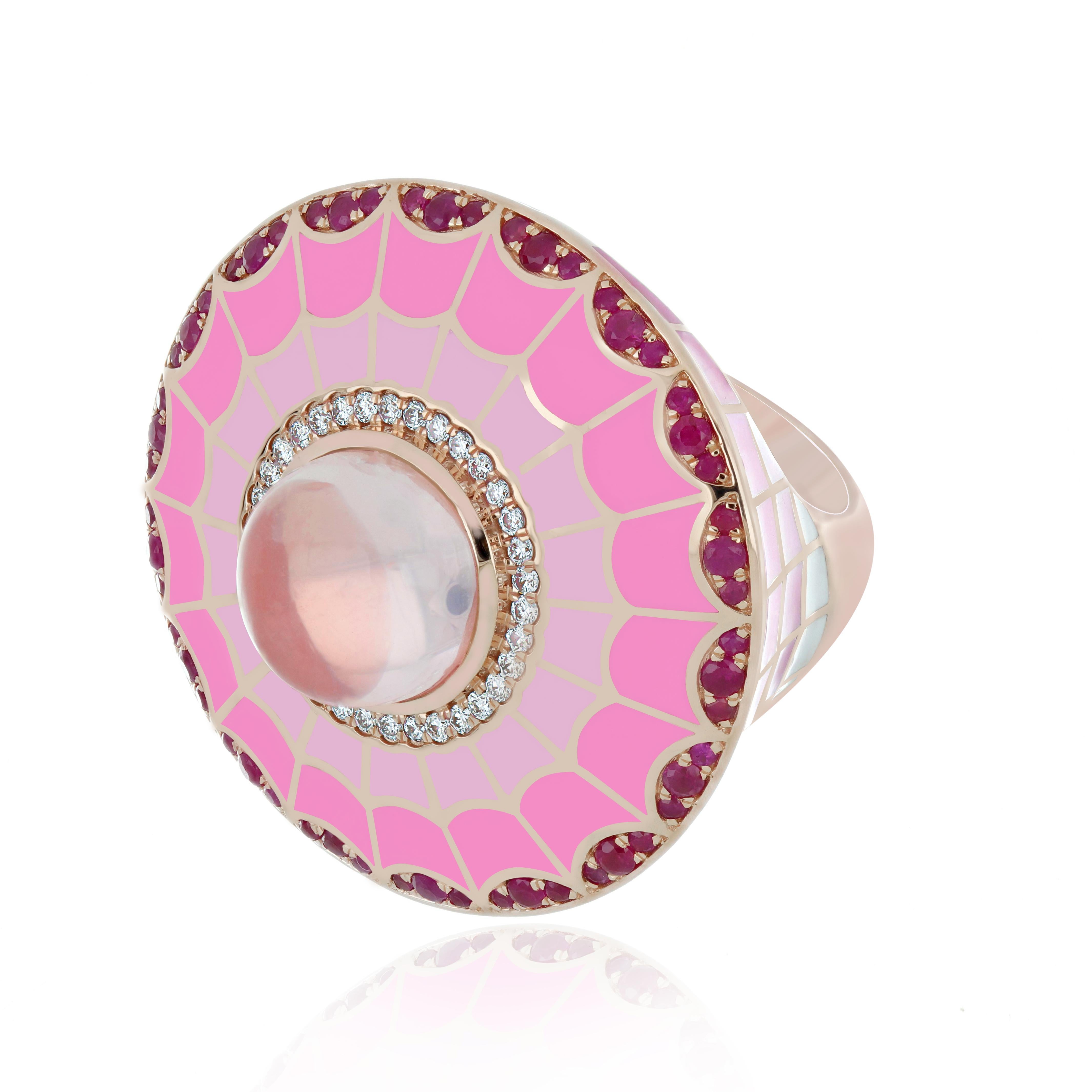 For Sale:  Enamel, Rose Quartz, Ruby and Diamond Studded Ring in Rose Gold 5