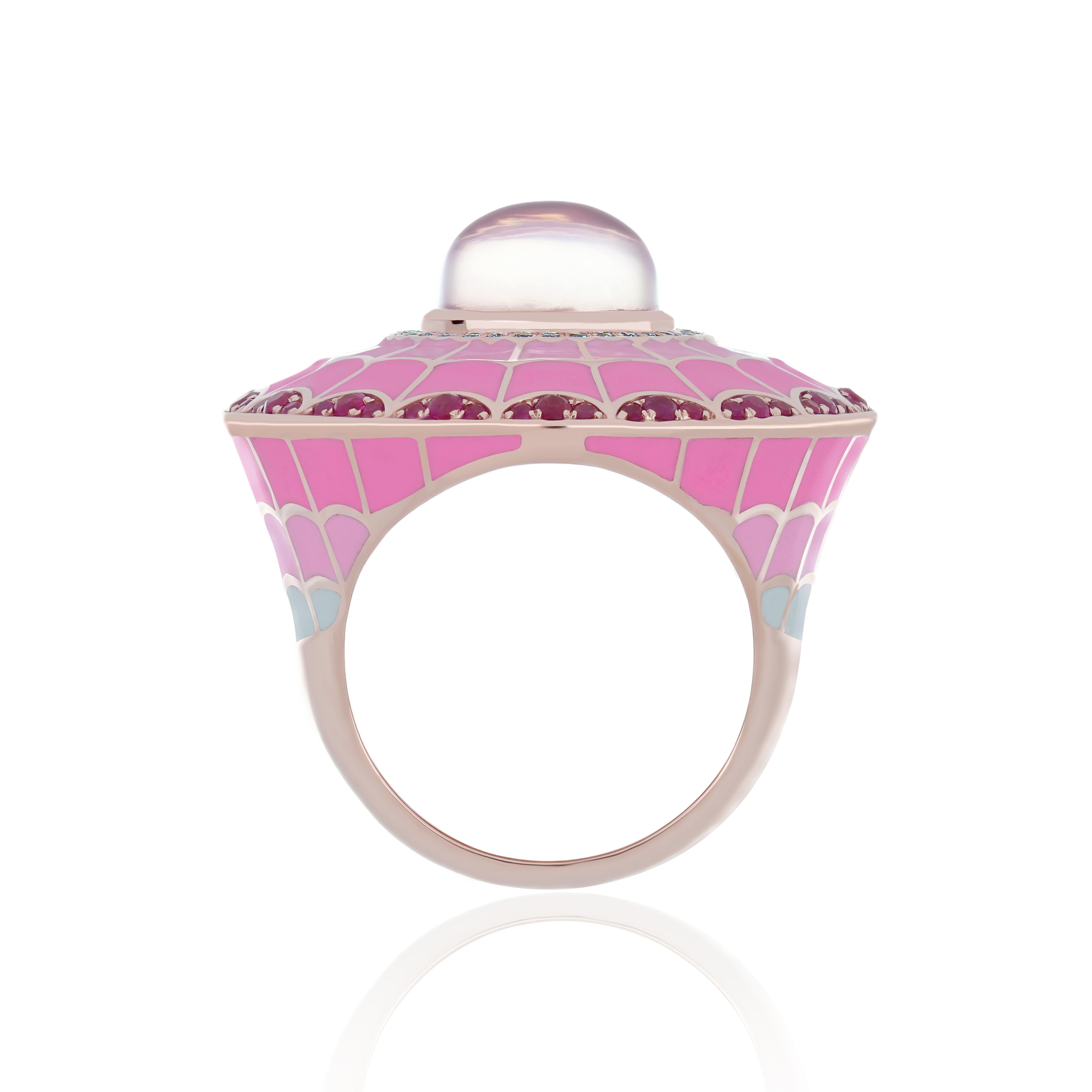 For Sale:  Enamel, Rose Quartz, Ruby and Diamond Studded Ring in Rose Gold 7