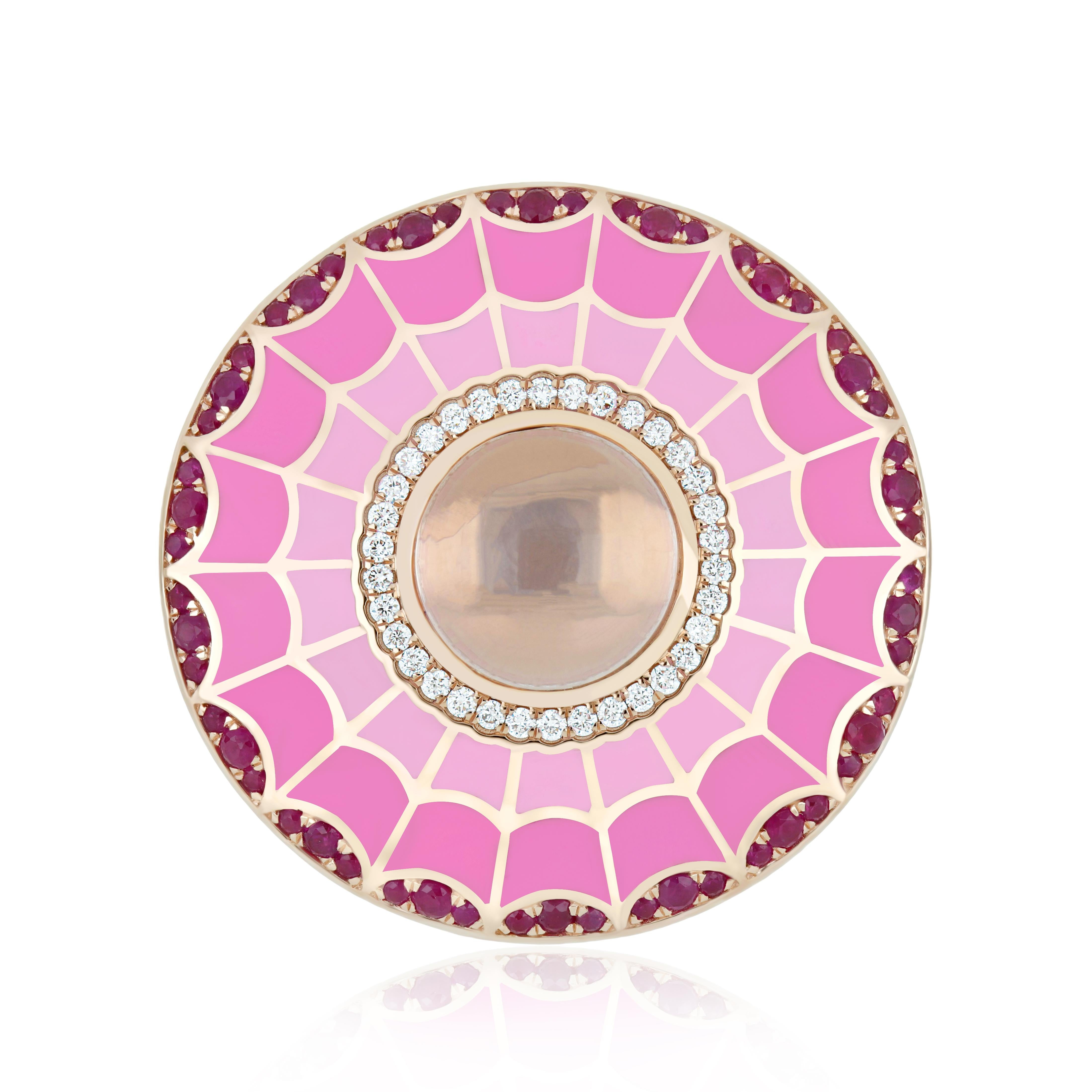 For Sale:  Enamel, Rose Quartz, Ruby and Diamond Studded Ring in Rose Gold 8