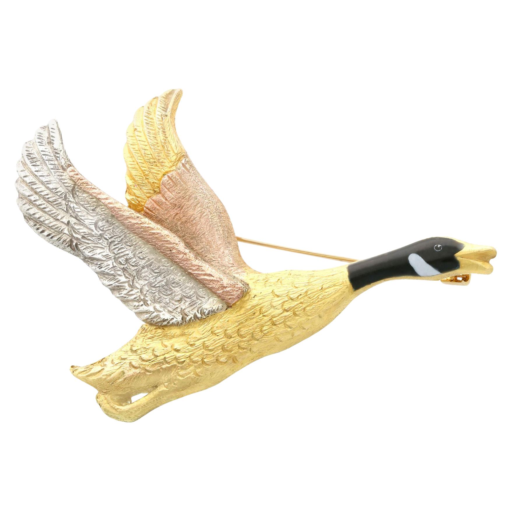 Enamel Rose White and Yellow Gold Goose Brooch