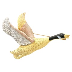 Enamel Rose White and Yellow Gold Goose Brooch