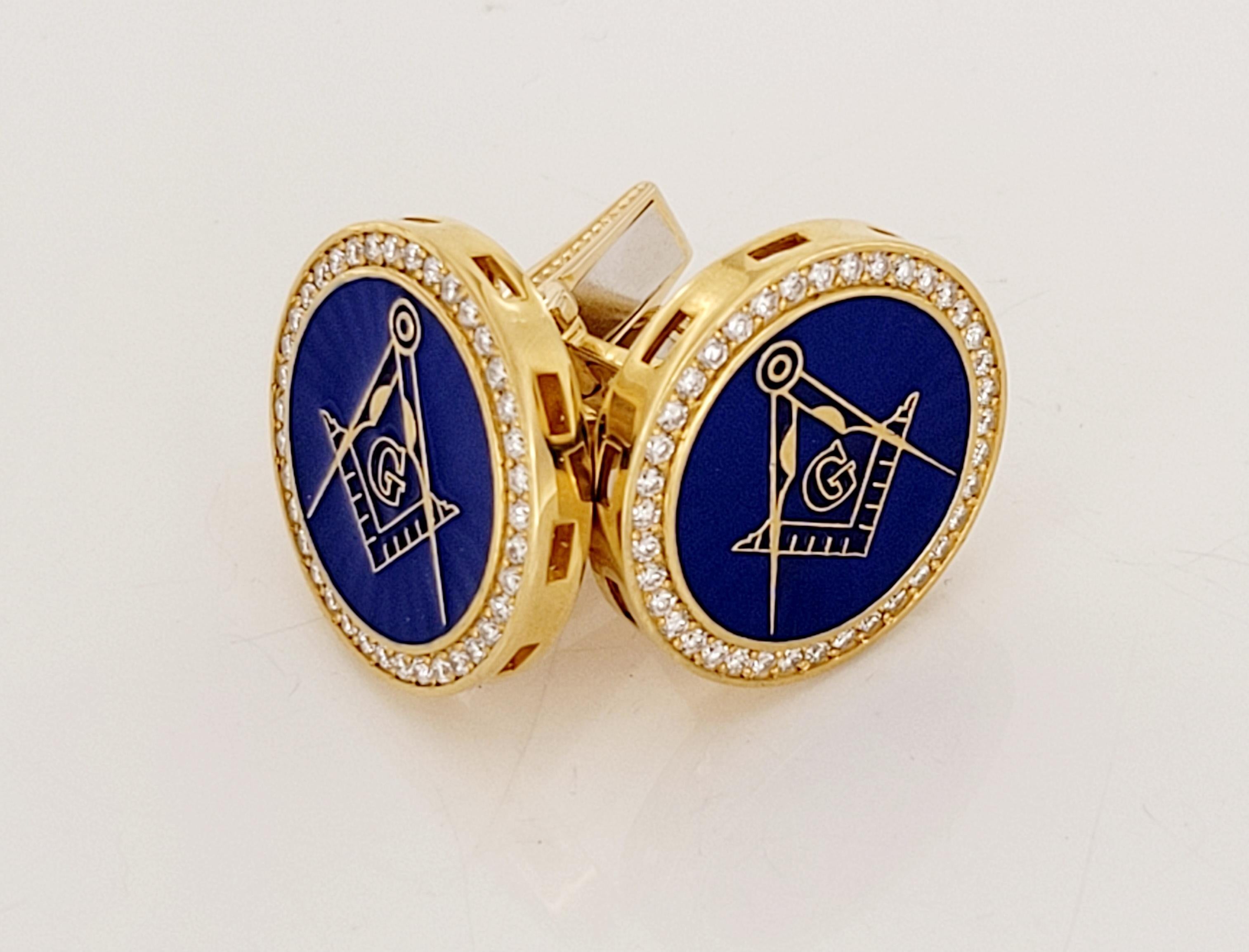 Round Cut Enamel Roya Blue Masons Cufflinks 14K Yellow Gold with Diamonds For Sale