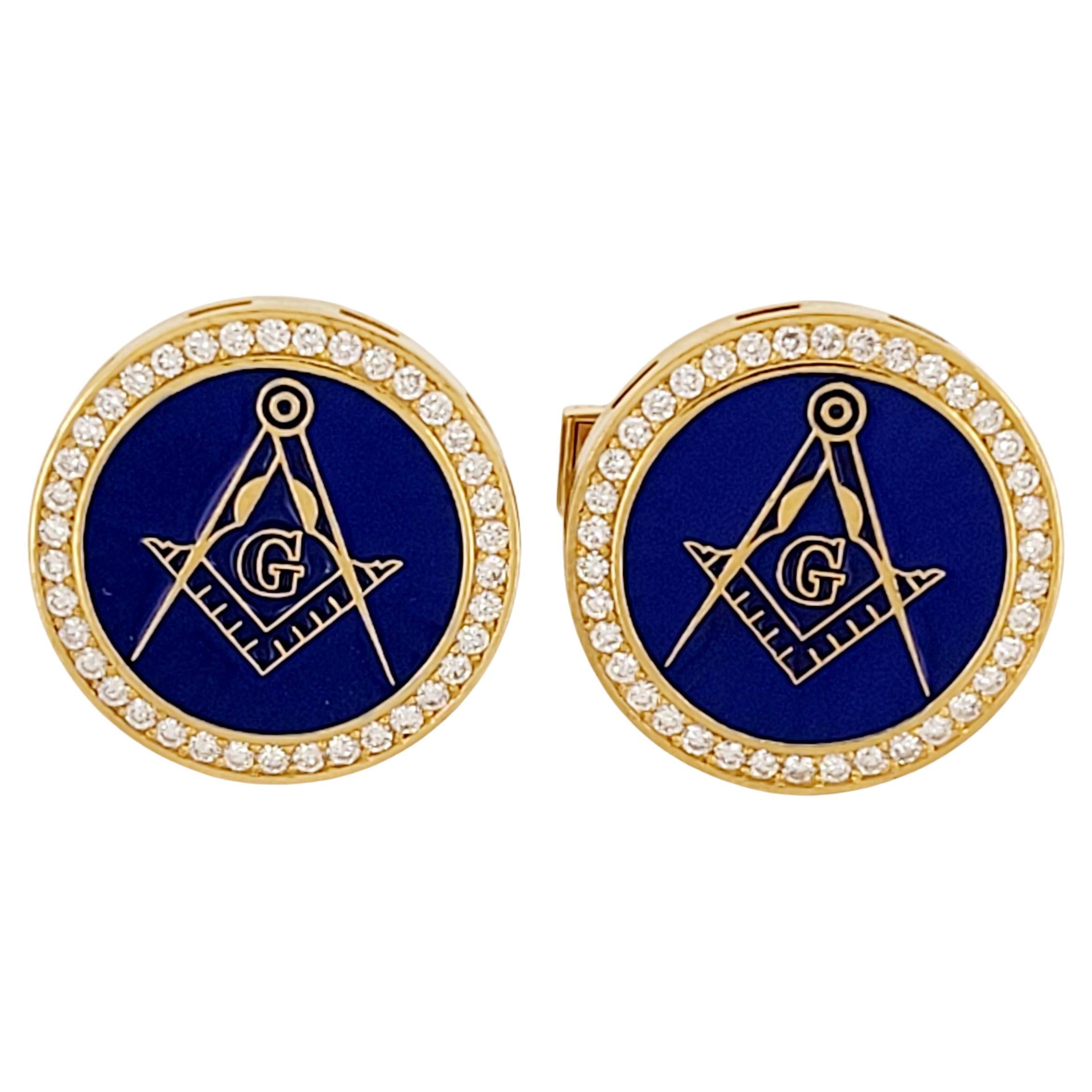 Enamel Roya Blue Masons Cufflinks 14K Yellow Gold with Diamonds