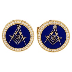 Boutons de manchette « Roya Blue Masons » en or jaune 14 carats et émail avec diamants