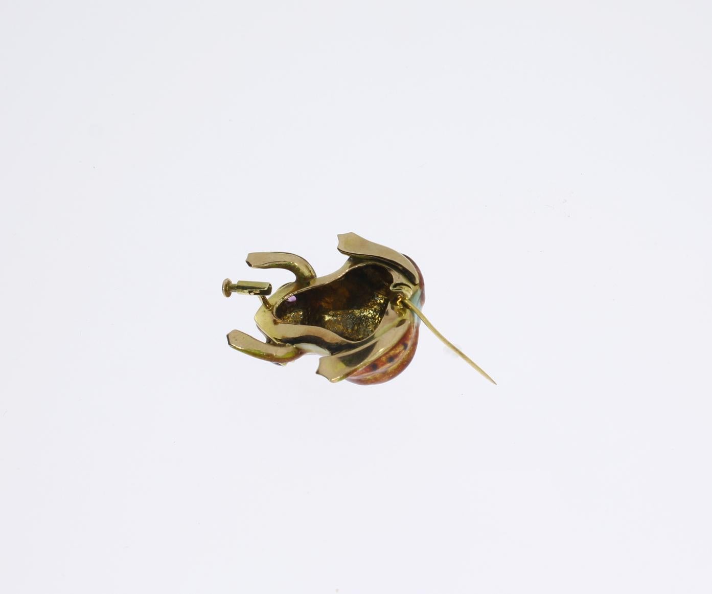 Women's Enamel Ruby 14 Carat Gold Frog Brooch For Sale