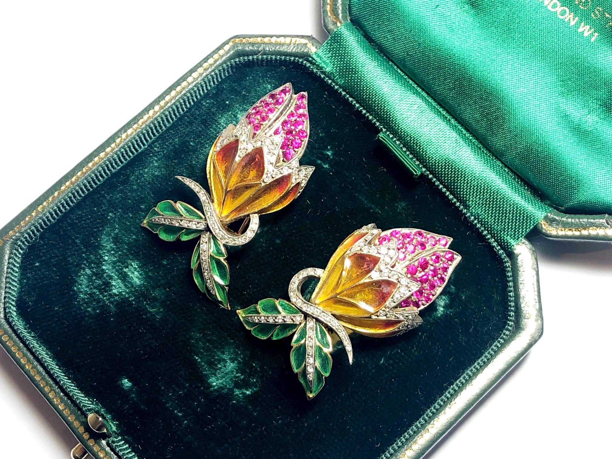 Contemporary Enamel, Ruby And Diamond Flower Bud Earrings For Sale