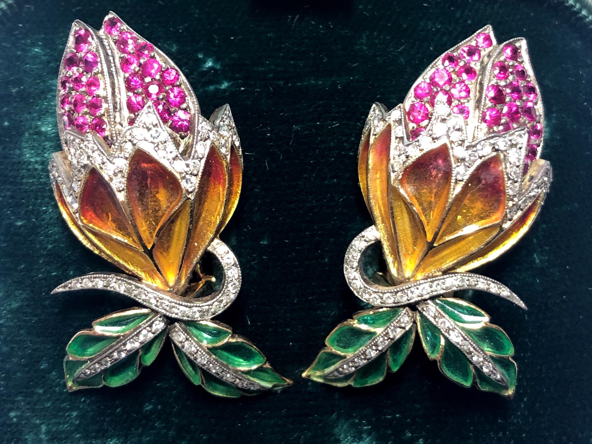 Round Cut Enamel, Ruby And Diamond Flower Bud Earrings For Sale