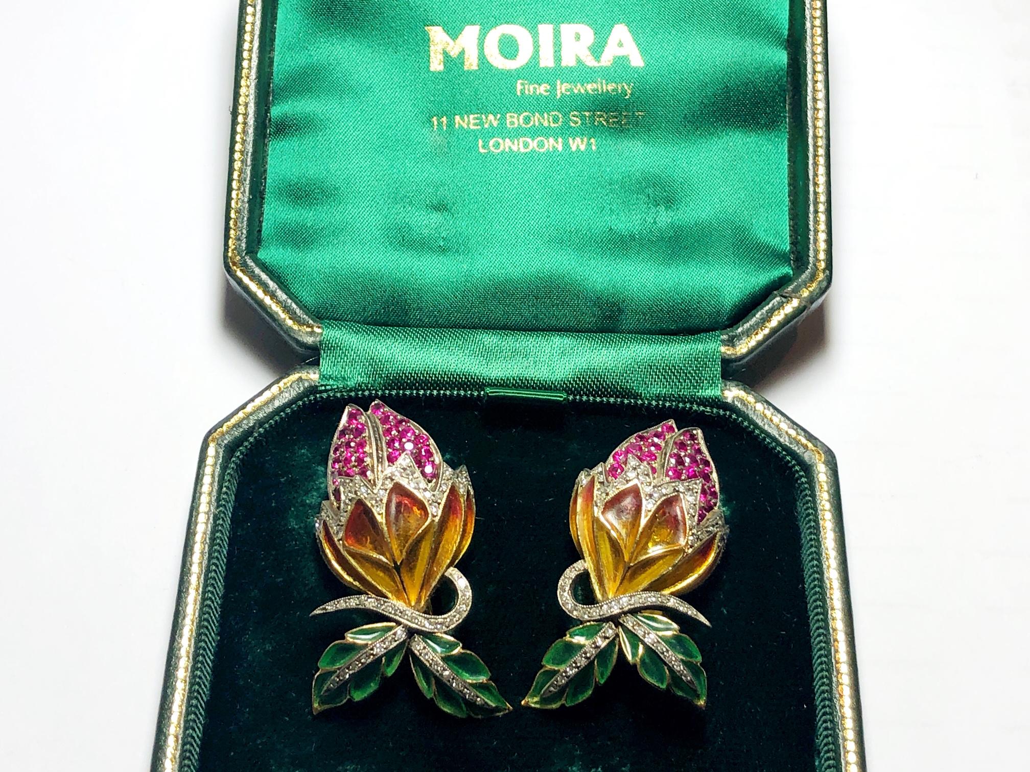 Enamel, Ruby And Diamond Flower Bud Earrings In Excellent Condition For Sale In London, GB