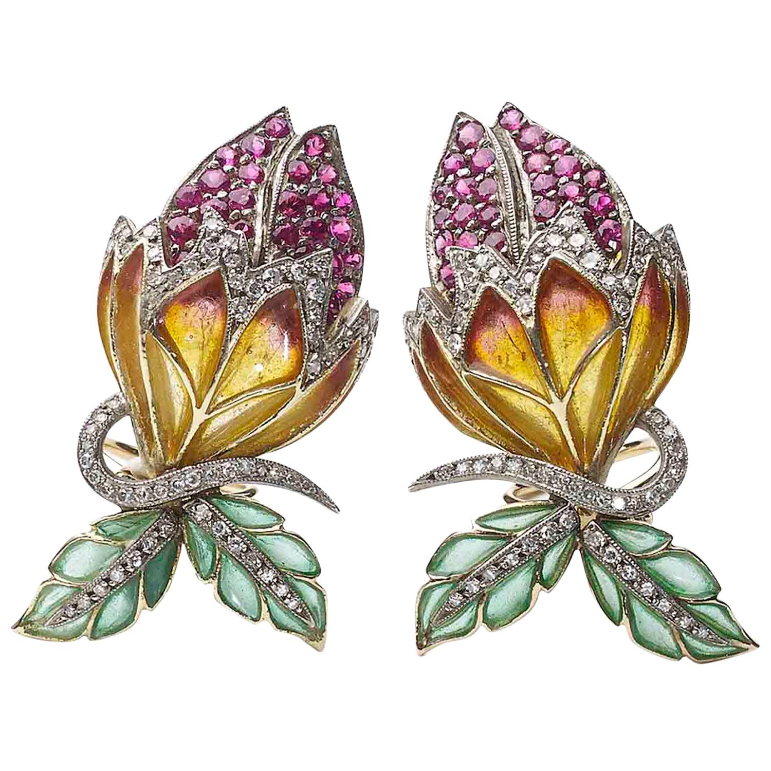 Enamel, Ruby And Diamond Flower Bud Earrings For Sale