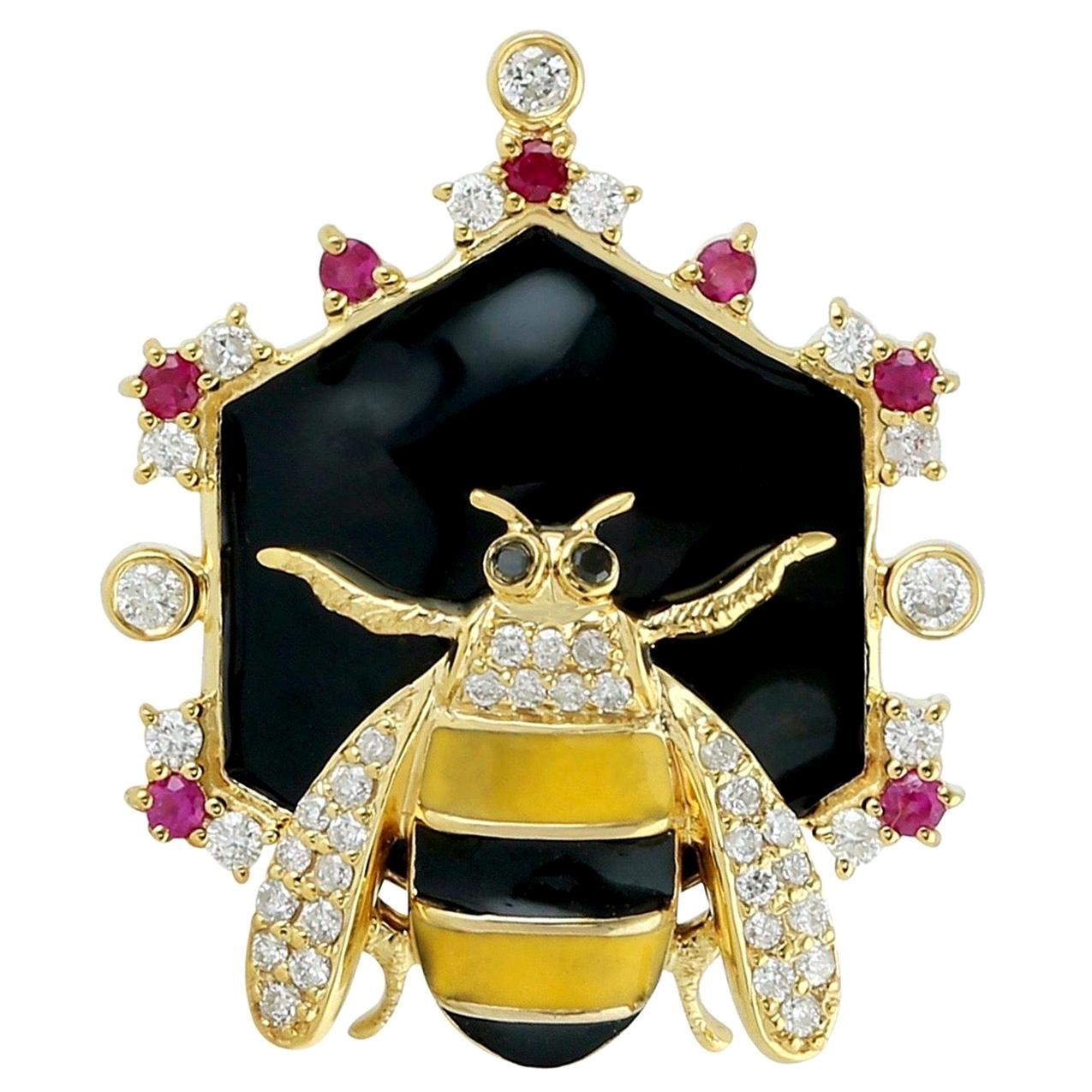 Enamel Ruby Diamond 18 Karat Gold Honey Bee Pendant Necklace