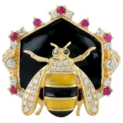 Enamel Ruby Diamond 18 Karat Gold Honey Bee Ring
