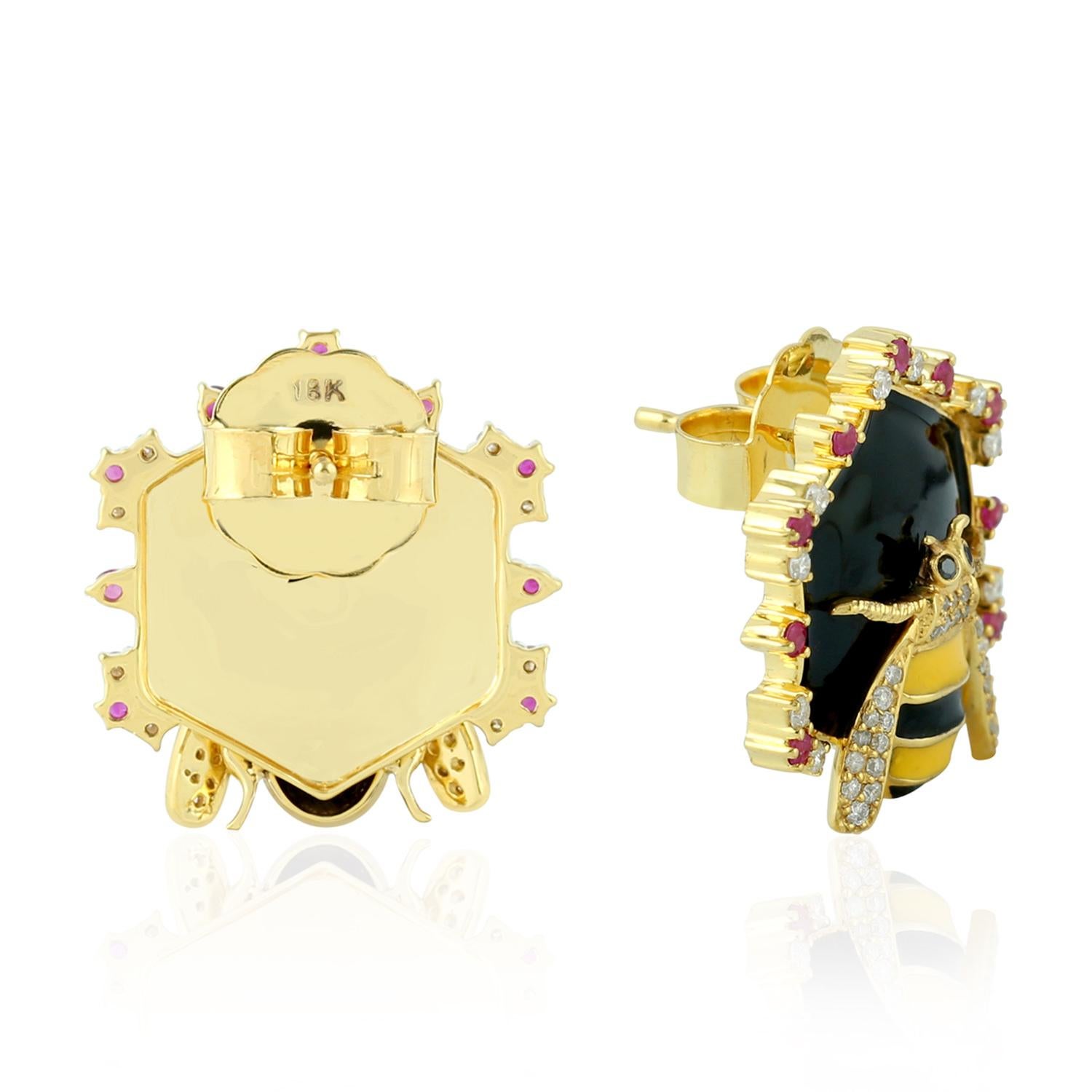Pendientes Esmalte Rubí Diamante Miel Abeja Oro 14 Kilates Contemporáneo en venta