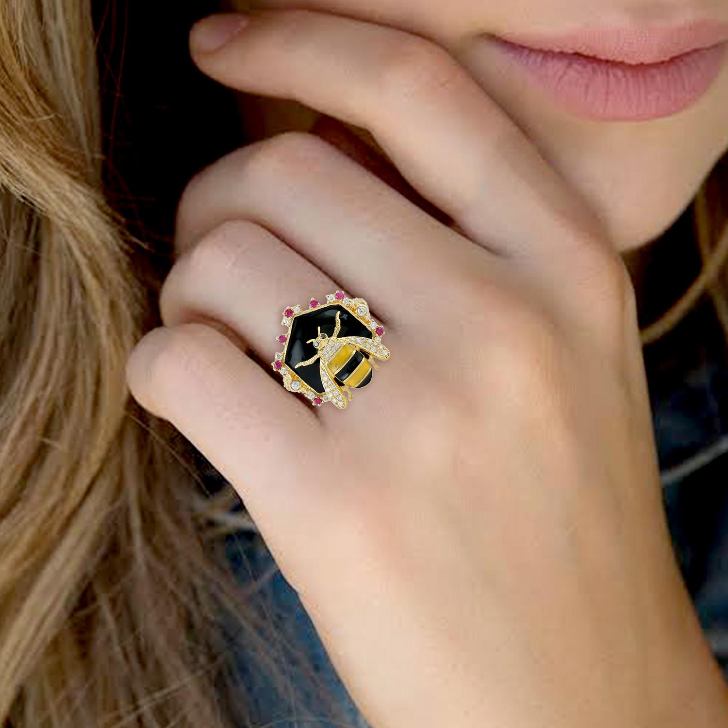 De las mujeres Pendientes Esmalte Rubí Diamante Miel Abeja Oro 14 Kilates en venta