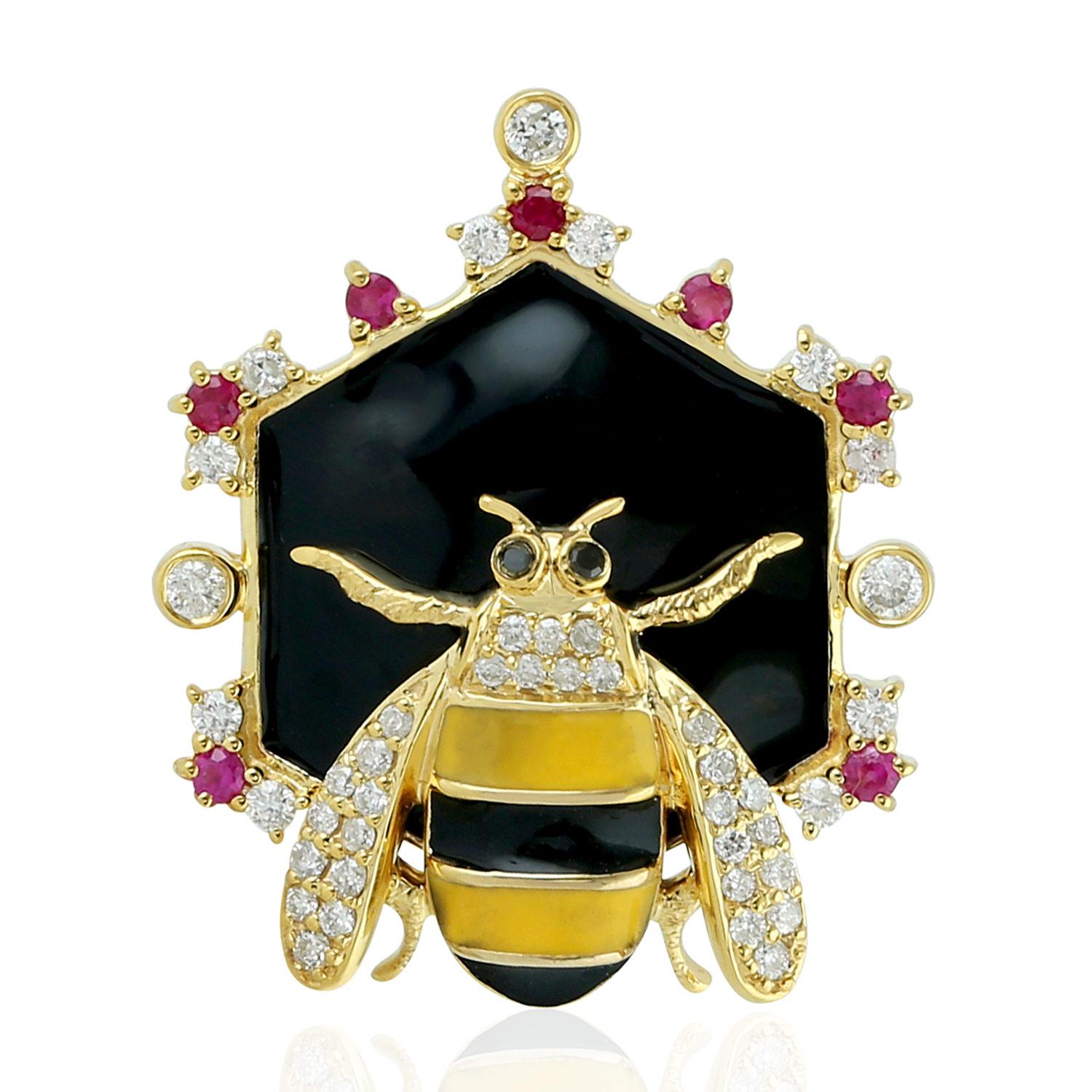 Enamel Ruby Diamond 14 Karat Gold Honey Bee Stud Earrings In New Condition For Sale In Hoffman Estate, IL