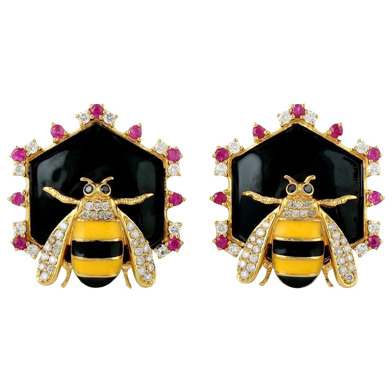 Enamel Ruby Diamond 14 Karat Gold Honey Bee Stud Earrings For Sale