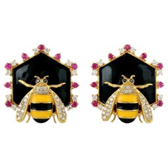 Enamel Ruby Diamond 14 Karat Gold Honey Bee Stud Earrings